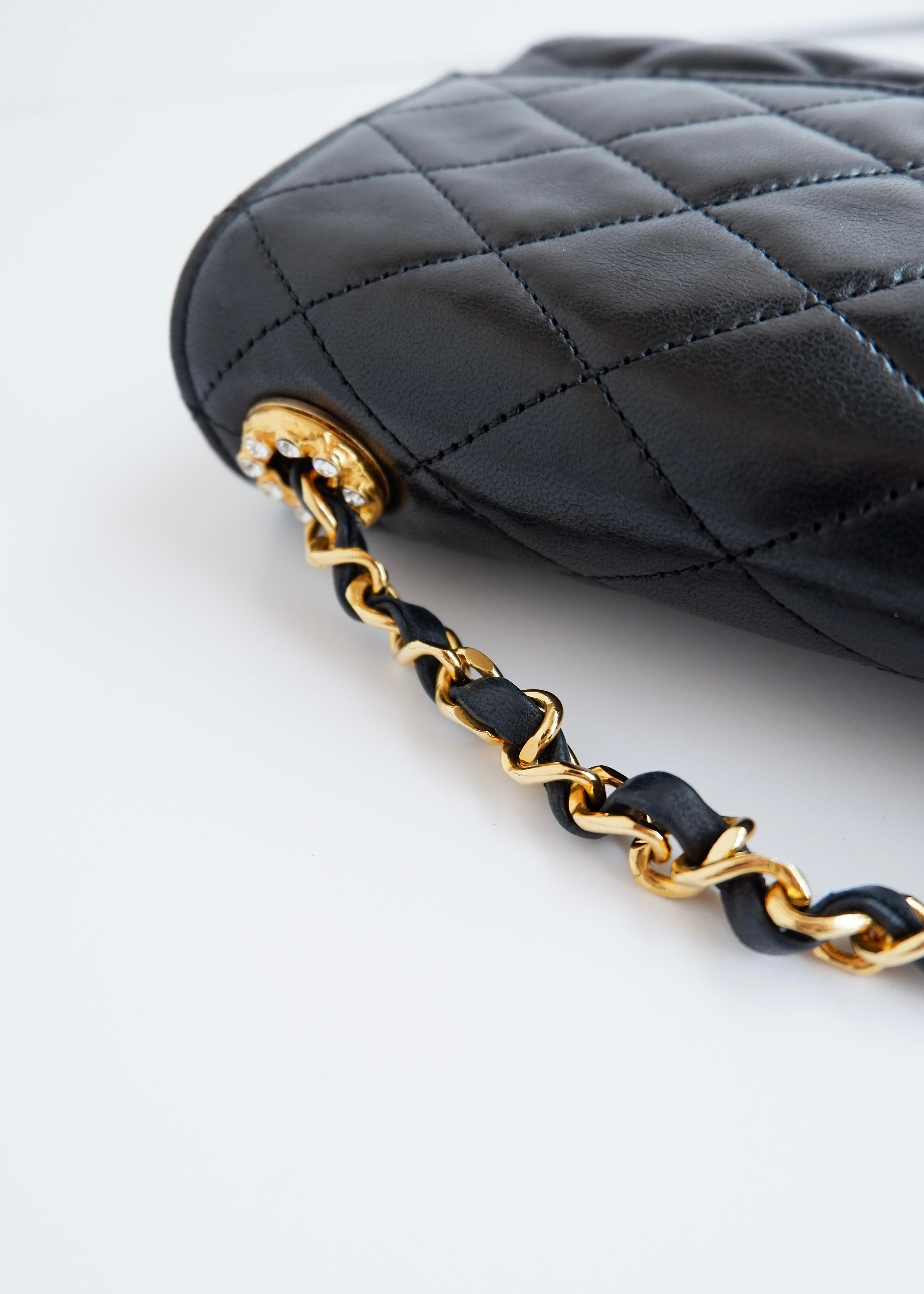 Authentic Preowned Vintage Chanel Black Lambskin Quilted Single Flap Crystal CC Logo Bag GHW