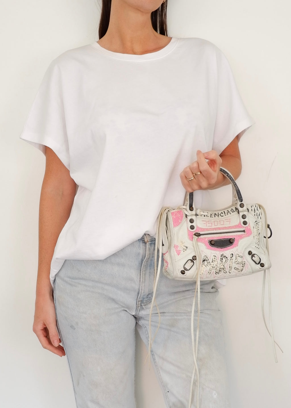 Sac Balenciaga City petite taille en cuir graffiti blanc/rose authentique d'occasion