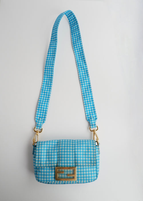 Authentique sac Fendi bicolore en nylon à carreaux vichy bleu d'occasion