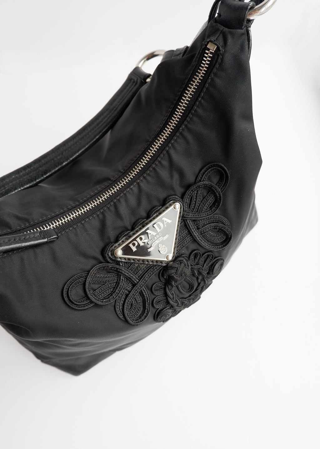 Authentic Preowned Prada Black Nylon Embroidered Hobo Shoulder Bag