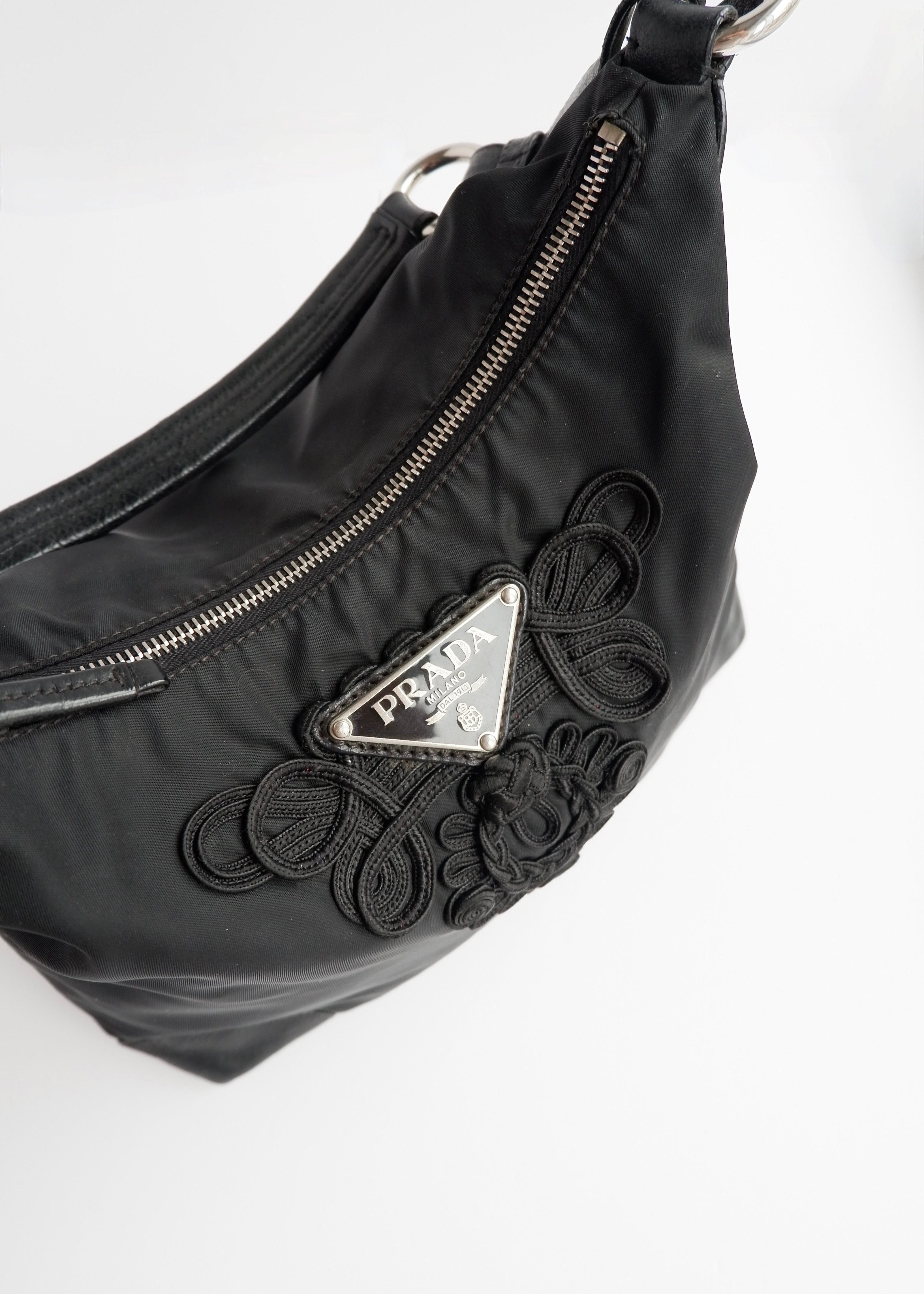 Authentic Preowned Prada Black Nylon Embroidered Hobo Shoulder Bag