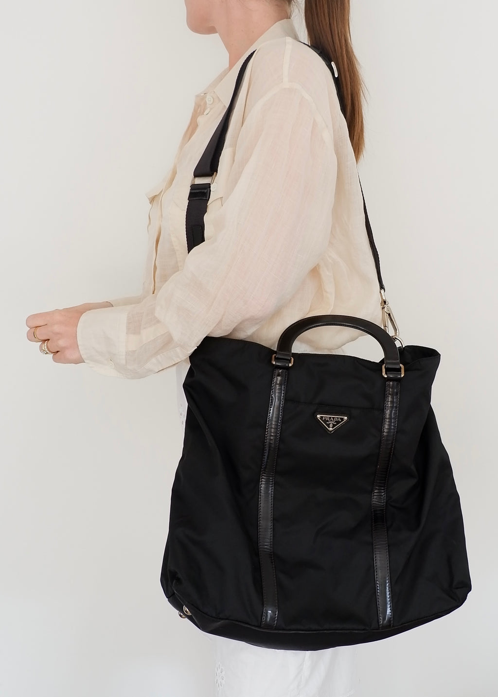 Preowned Prada Black Nylon/Leather Two Way Messenger Tote