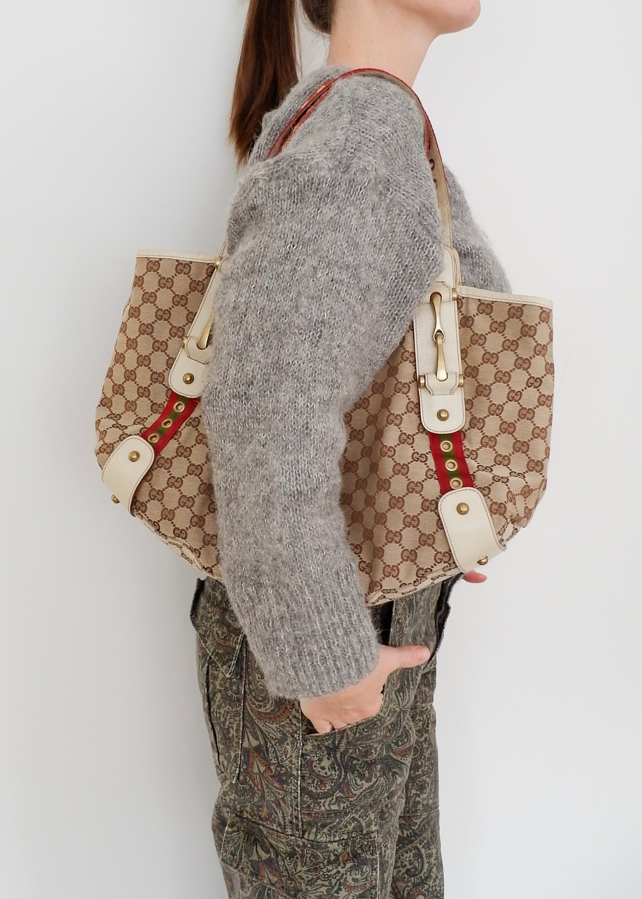 Authentic Preowned Gucci White GG Canvas Sherry Line Hobo Shoulder Bag