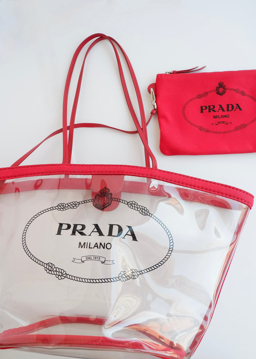 Authentic Preowned Prada Red Canvas/ Transparent Tote Bag