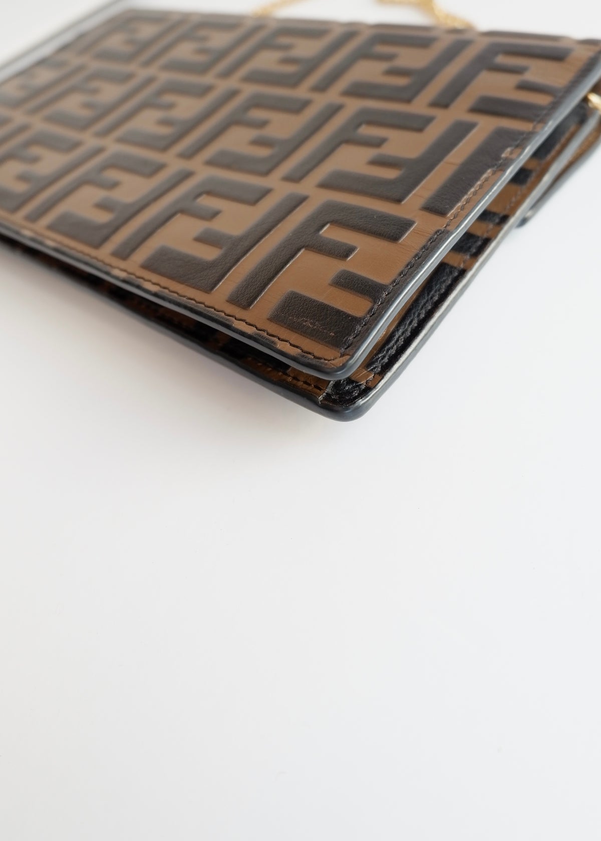 Preowned Fendi Brown Zucca Embossed Leather Wallet on Chain