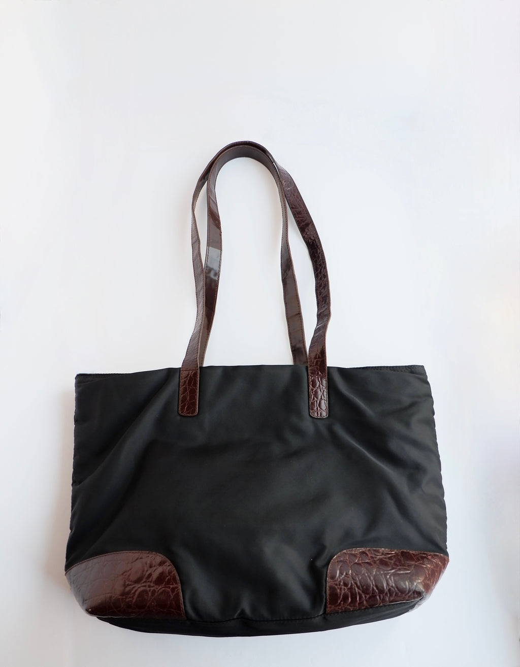 Authentic Preowned Prada Black/ Burgundy Nylon/Patent Leather Long Strap Tote Bag