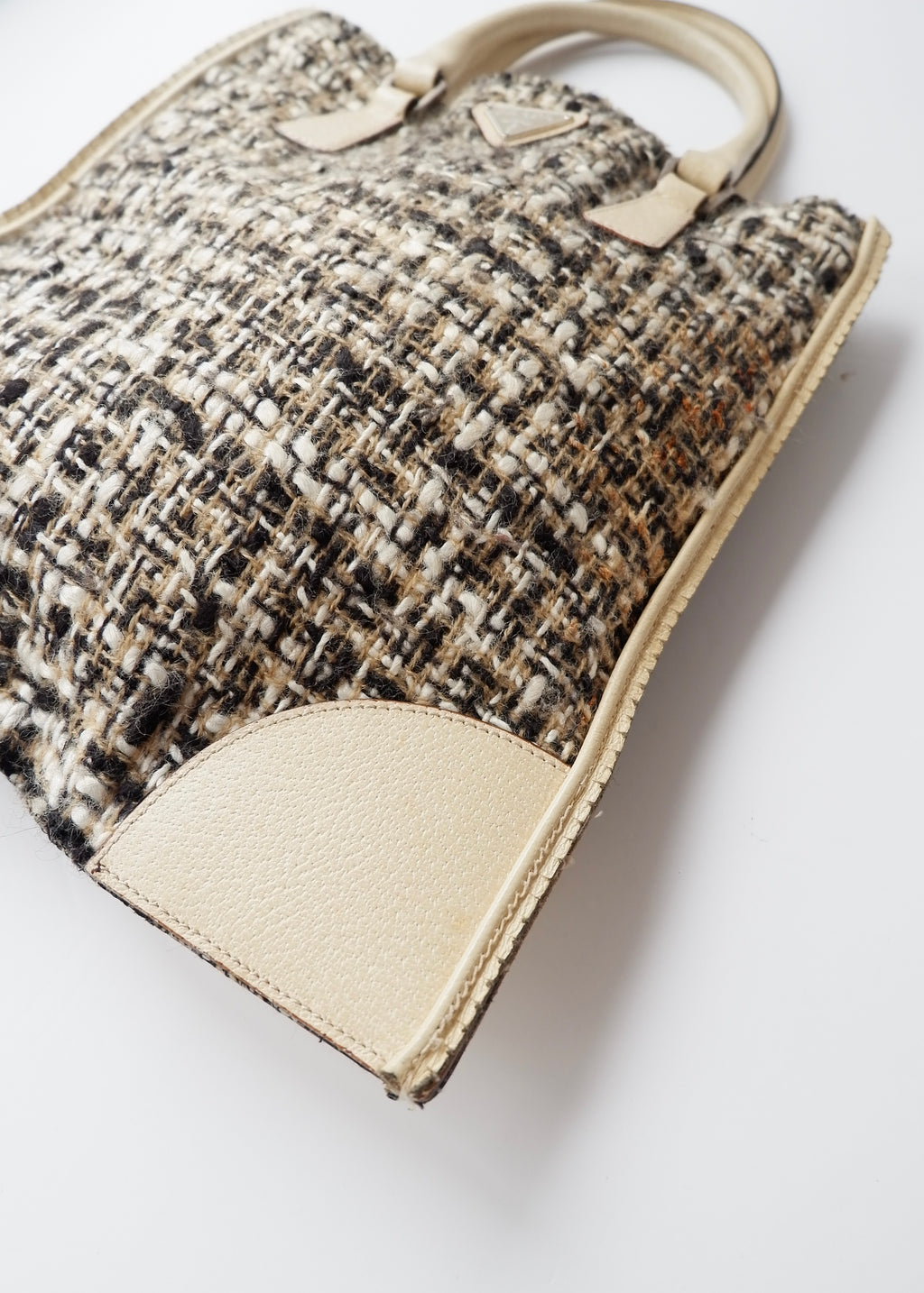 Preowned Prada Beige Tweed/ Leather Top Handle Bag