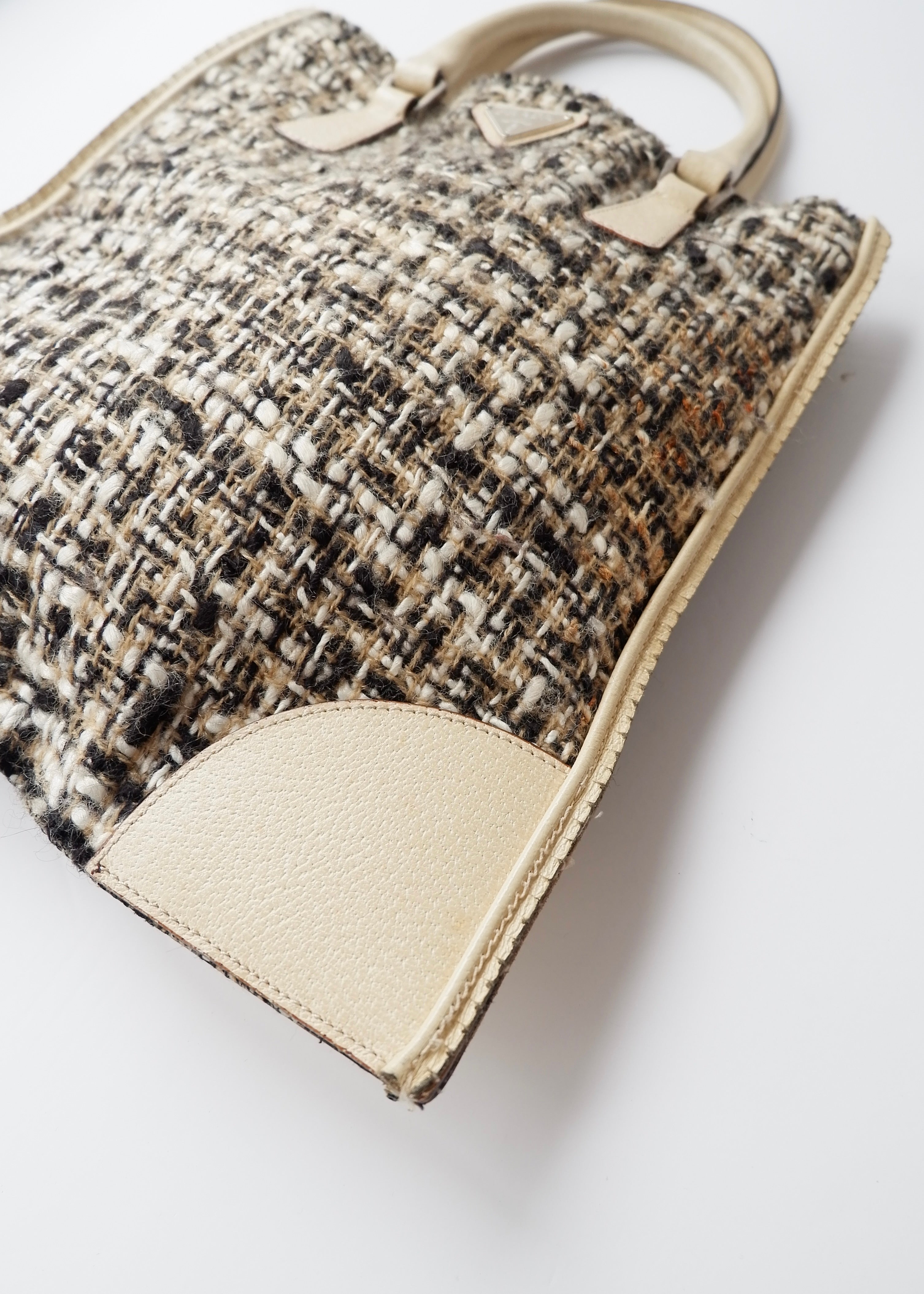 Preowned Prada Beige Tweed/ Leather Top Handle Bag