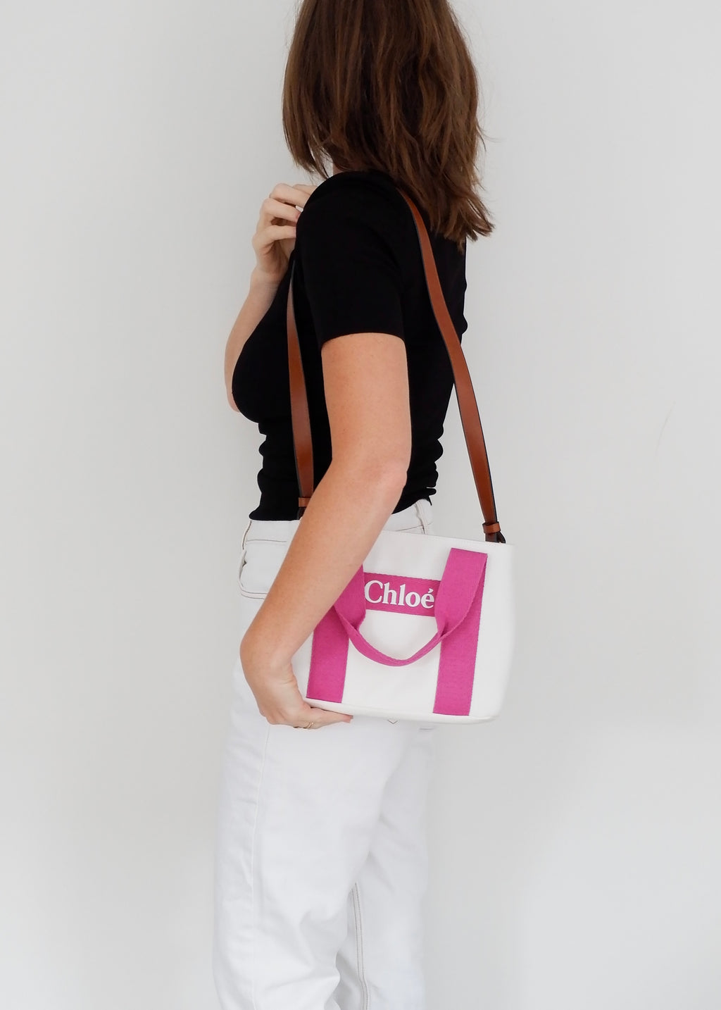 Sac Chloe bandoulière ou à main en toile blanc/rose authentique d'occasion