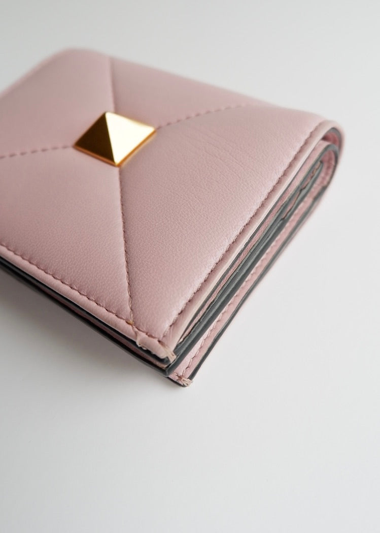 Authentic Preowned Valentino Light Pink Leather Small Nappa Roman Stud Bi-Fold Wallet