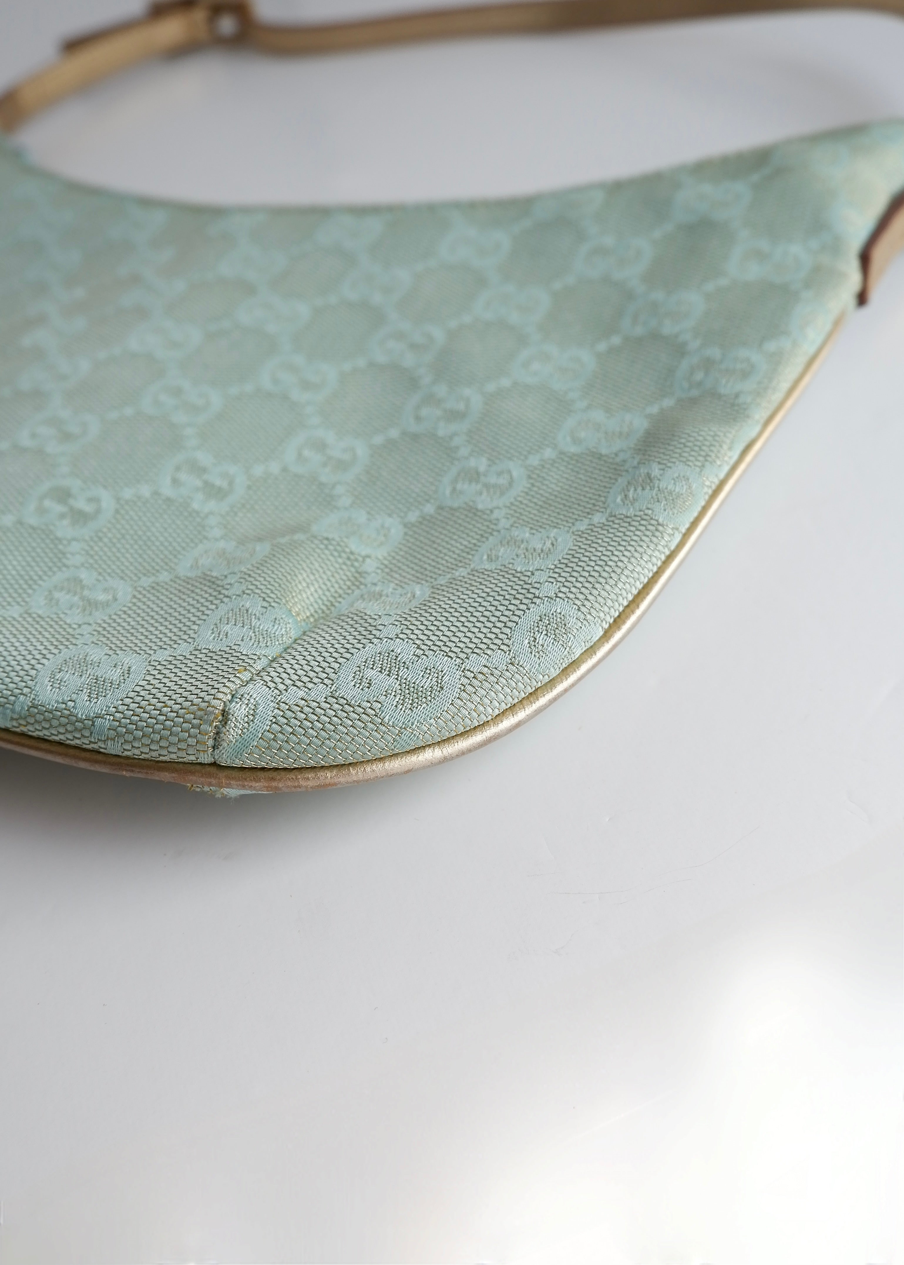 Authentic Preowned Gucci Blue GG Canvas Gold Strap Half Moon Shoulder Bag