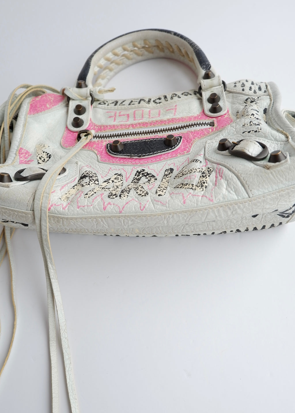 Sac Balenciaga City petite taille en cuir graffiti blanc/rose authentique d'occasion