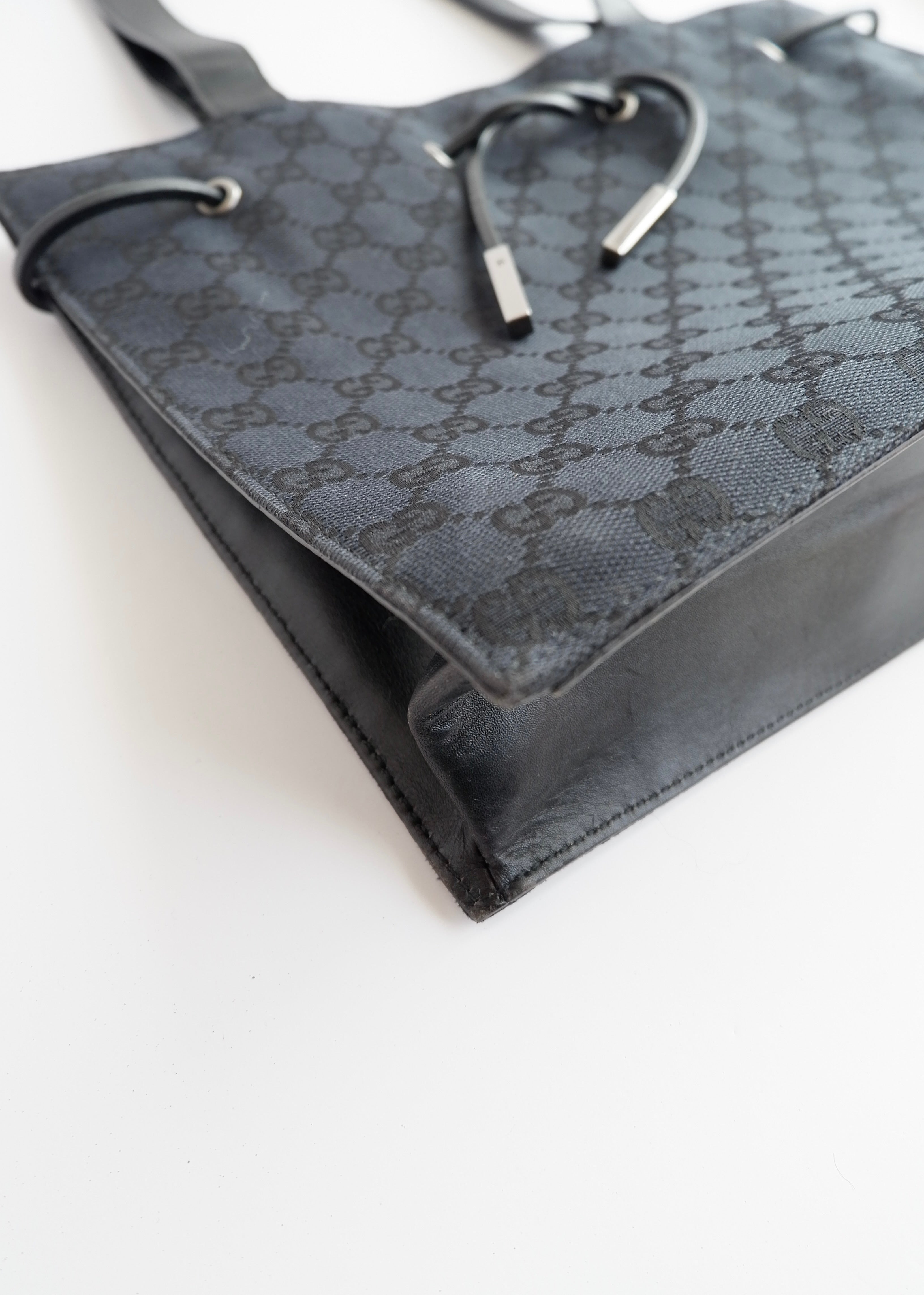 Authentic Preowned Vintage Gucci Black GG Canvas Drawstring Shoulder Bag