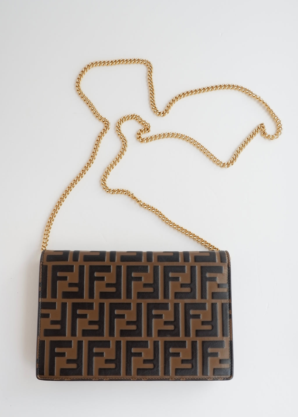 Preowned Fendi Brown Zucca Embossed Leather Wallet on Chain