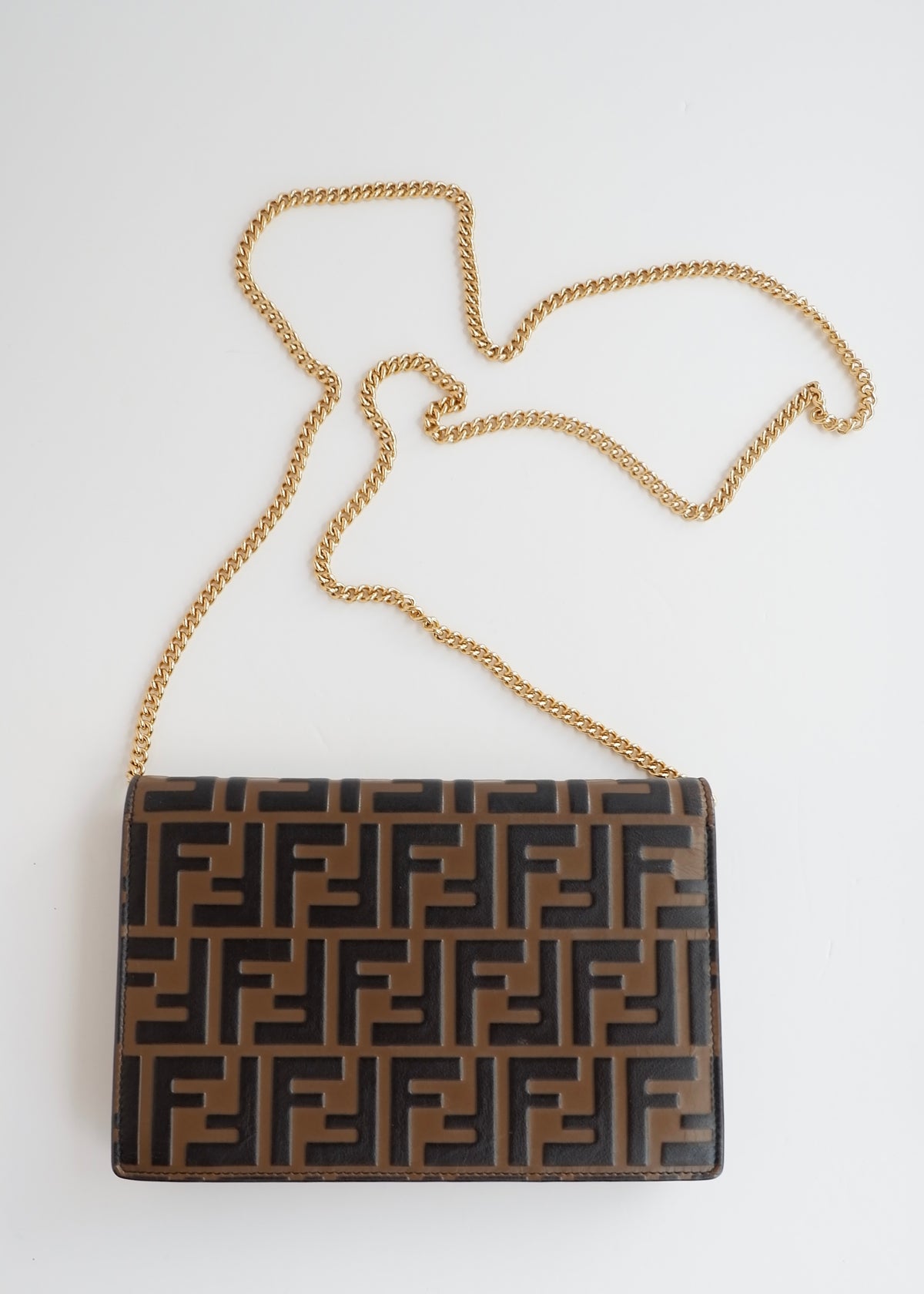 Preowned Fendi Brown Zucca Embossed Leather Wallet on Chain