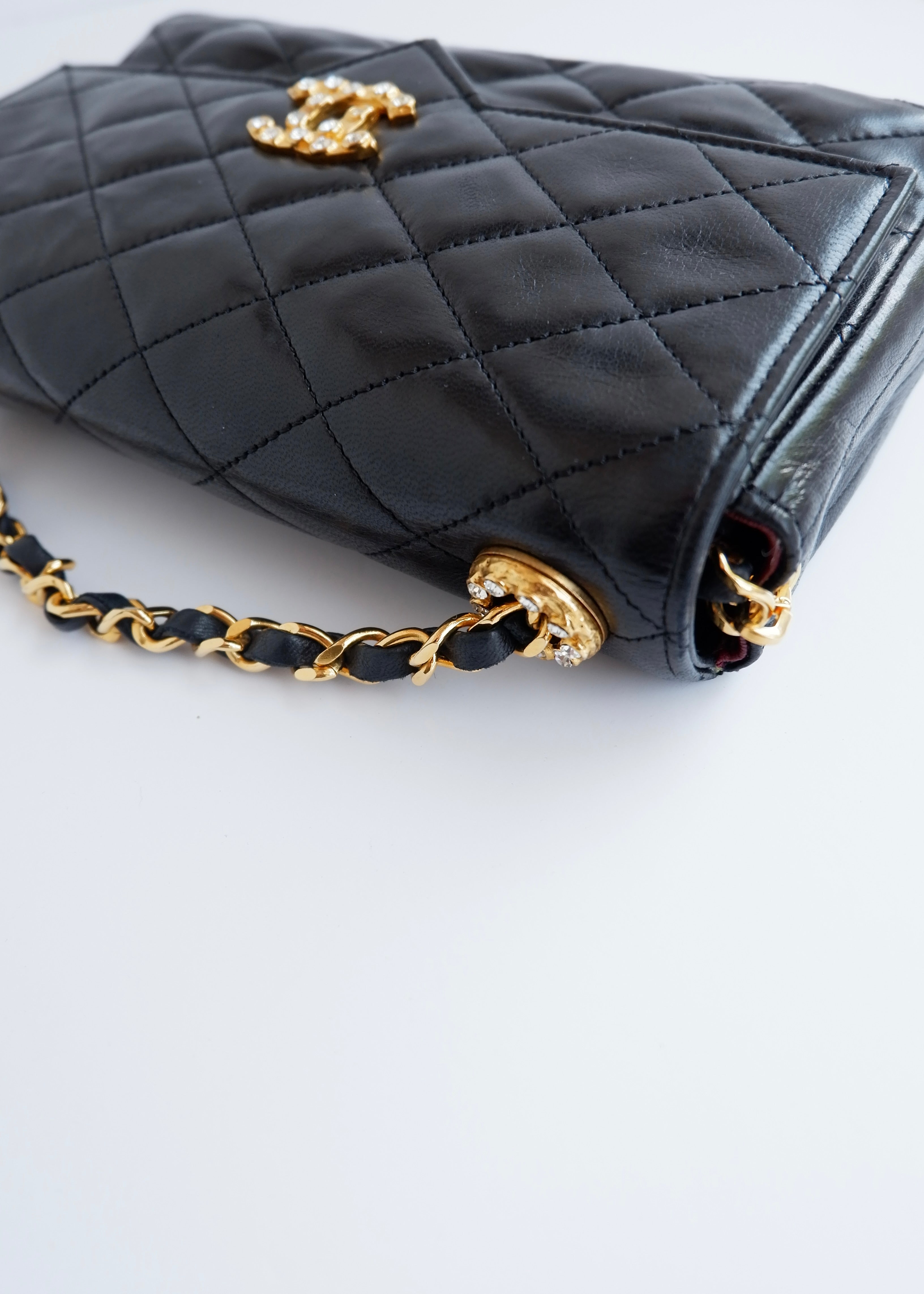 Authentic Preowned Vintage Chanel Black Lambskin Quilted Single Flap Crystal CC Logo Bag GHW