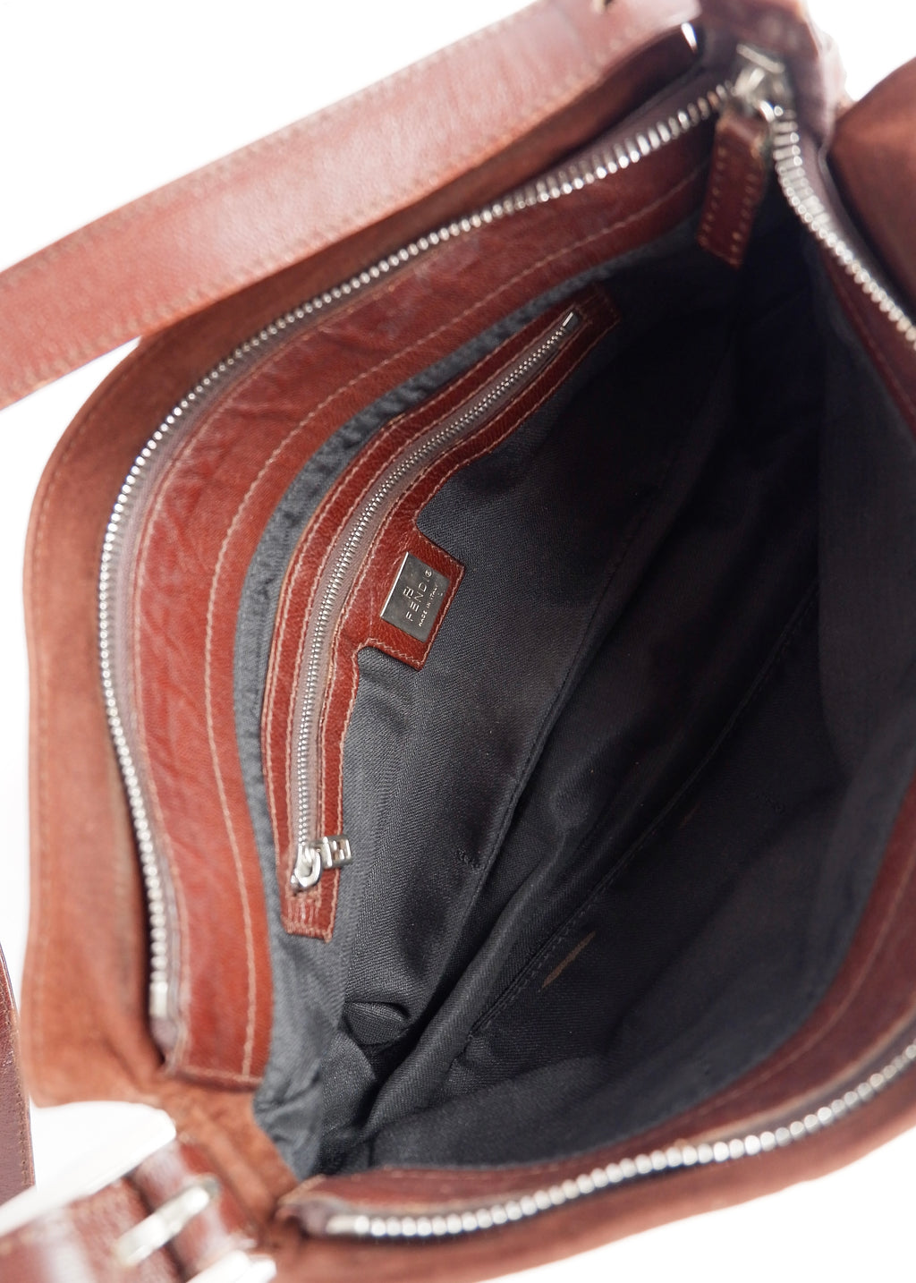 Sac porté épaule Fendi en daim et cuir marron, d'occasion, authentique