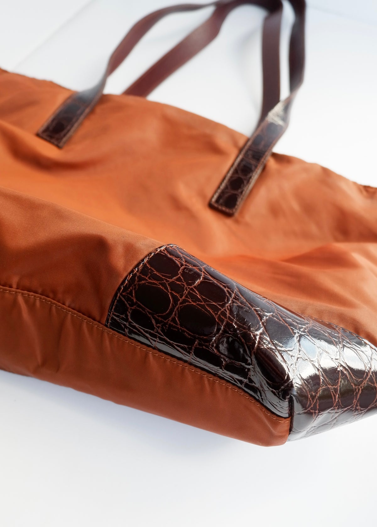 Preowned Prada Brown Nylon/ Patent Croc Long Strap Tote Bag