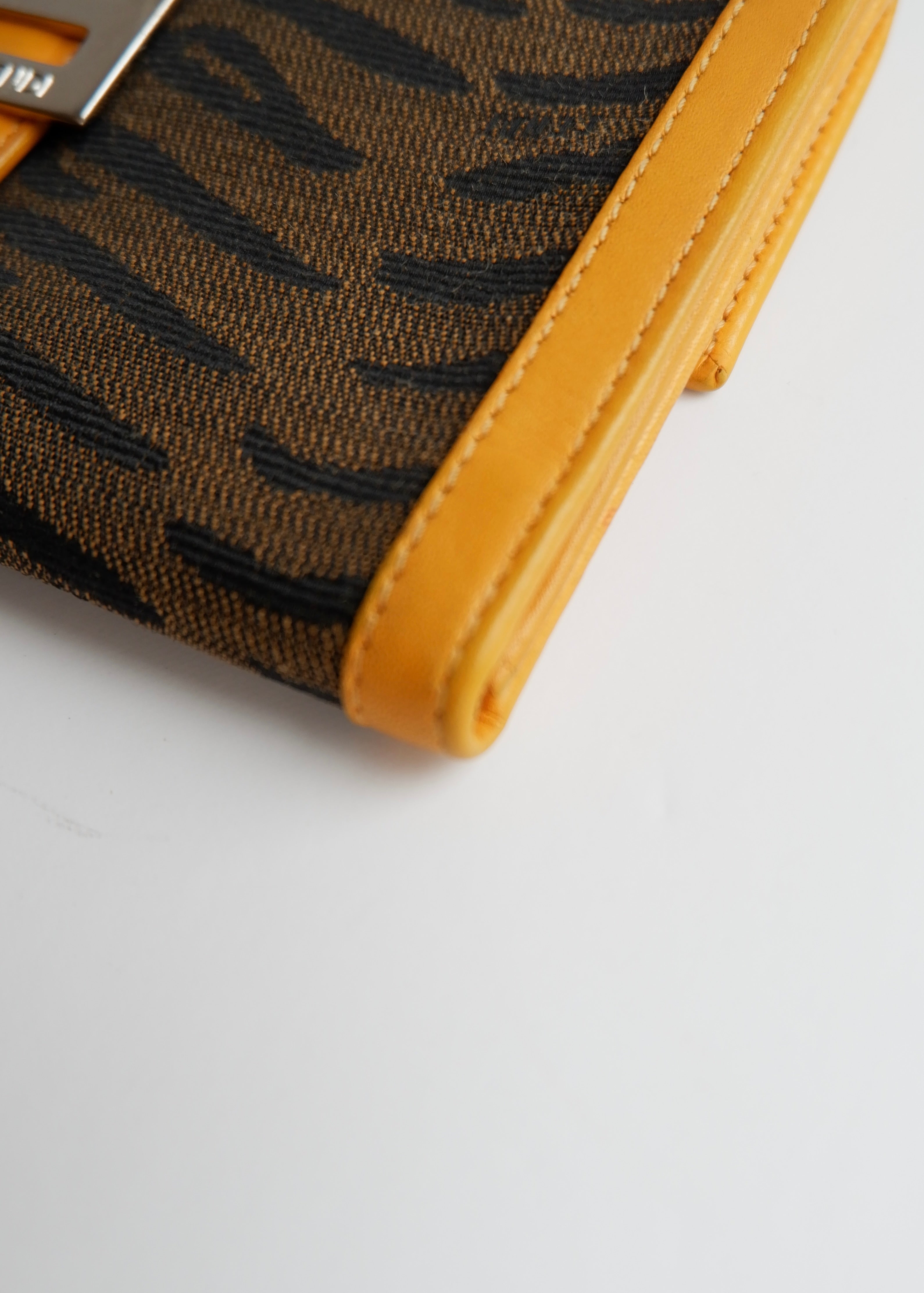 Preowned Vintage Fendi Yellow Leather Animal Print Canvas Long Wallet
