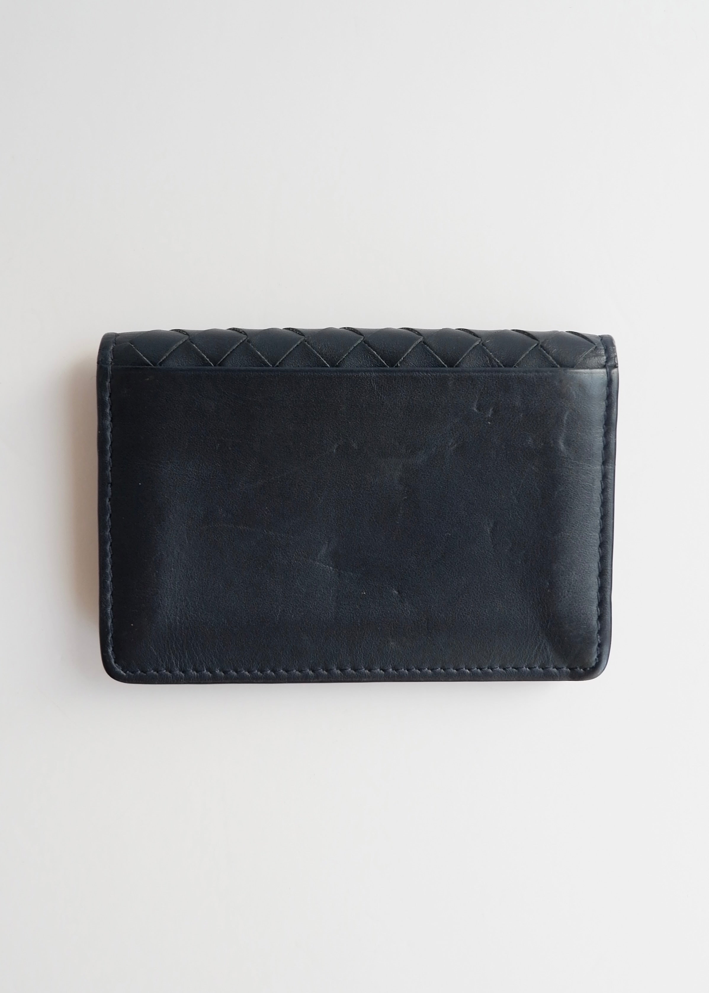 Preowned Bottega Veneta Navy Woven Leather Card Holder