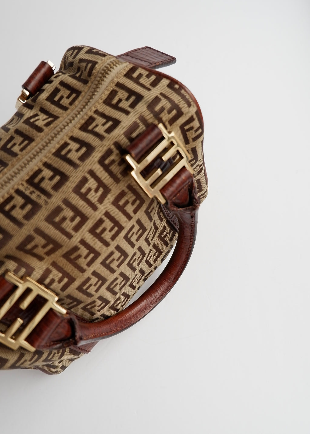 Authentique Sac Boston Fendi Zucchino Toile Marron Petit Forever Bauletto d'occasion