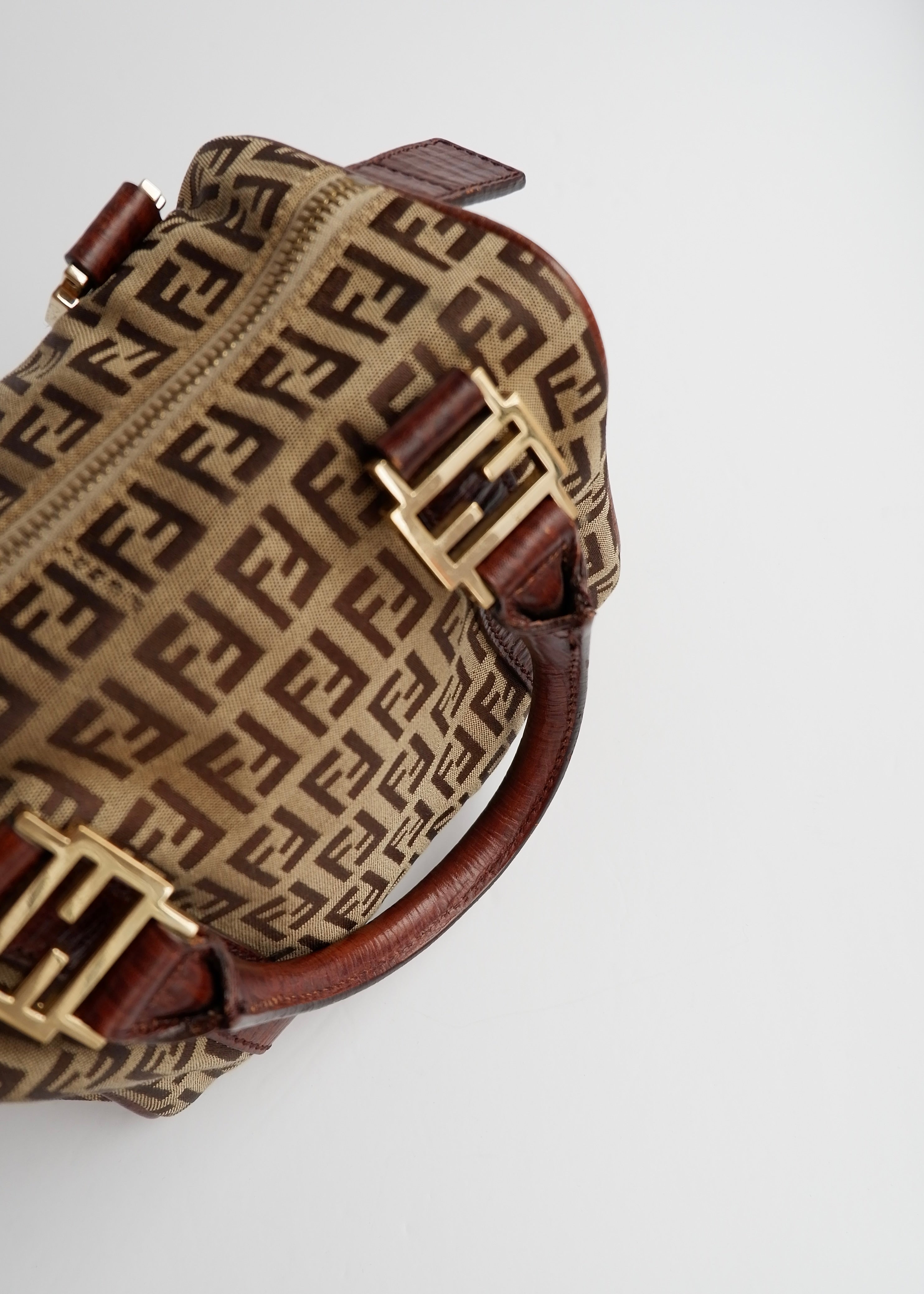 Authentique Sac Boston Fendi Zucchino Toile Marron Petit Forever Bauletto d'occasion