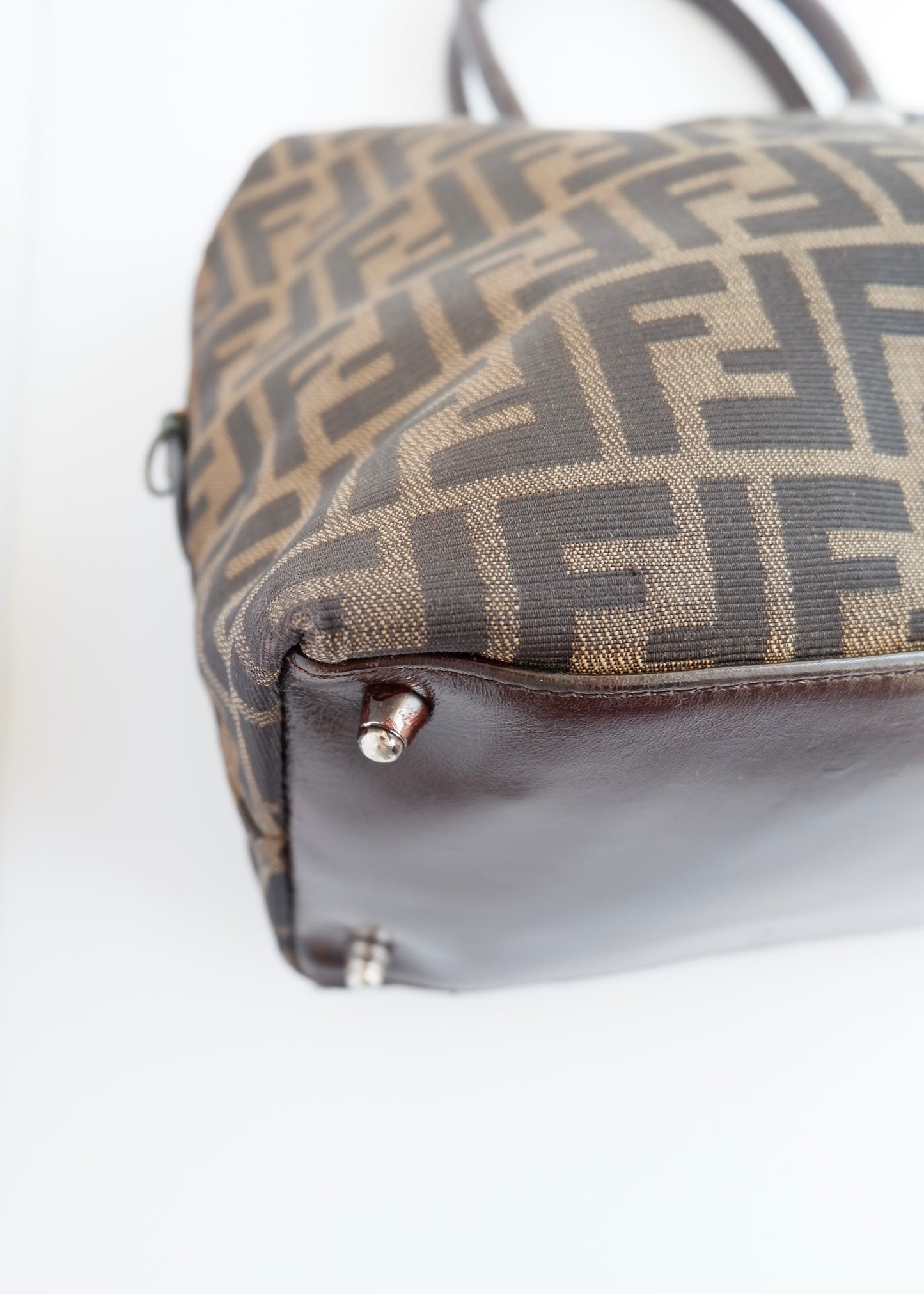 Authentic Preownd Vintage Fendi Brown Canvas Zucca Bowler Shoulder Bag