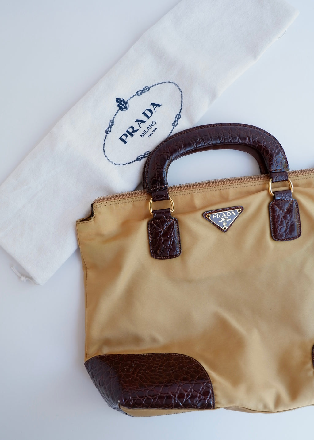 Authentic Preowned Vintage Prada Brown/Khaki Nylon/Patent Leather Handbag