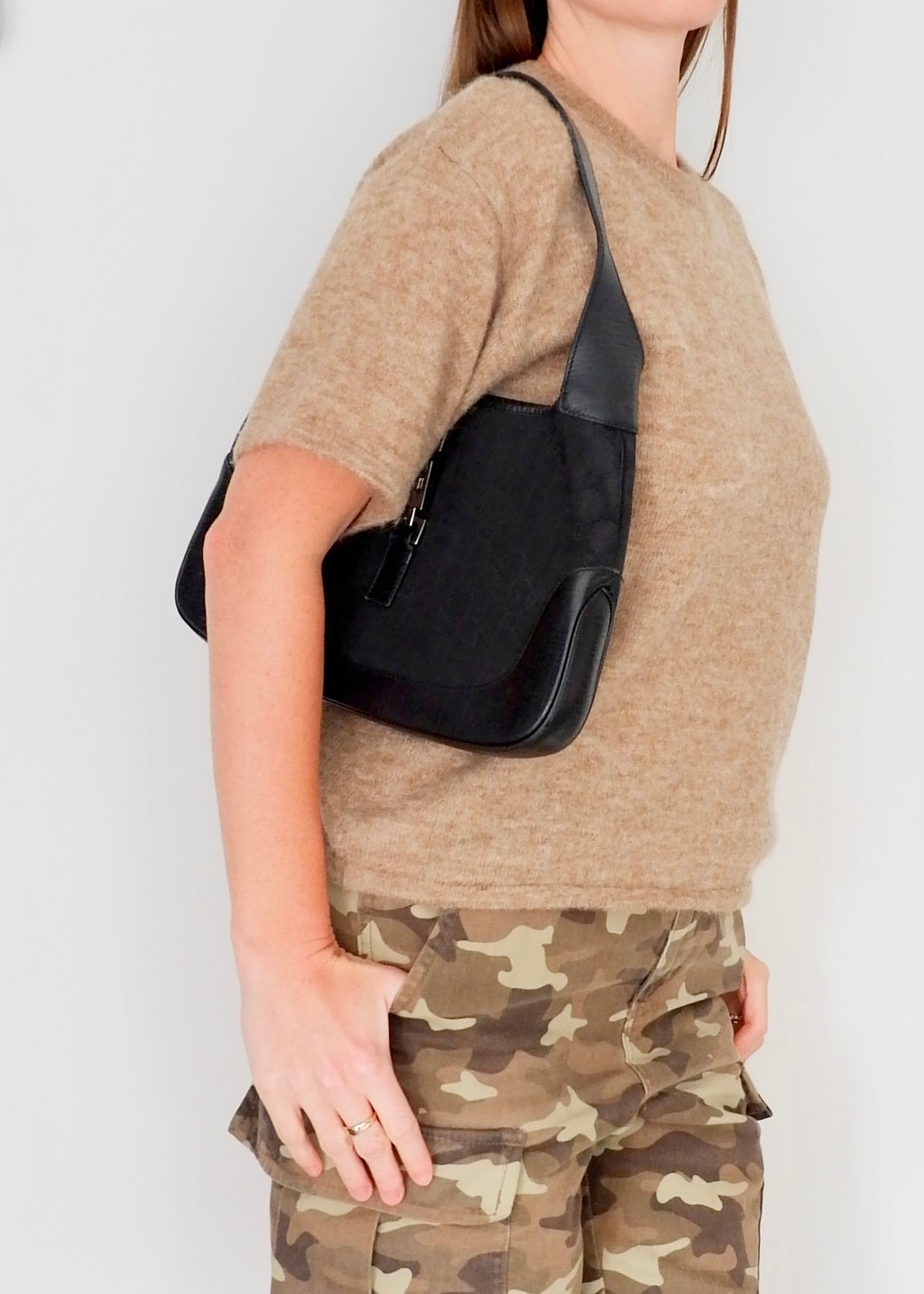 Preowned Gucci Black GG Canvas/ Leather Jackie Shoulder Bag