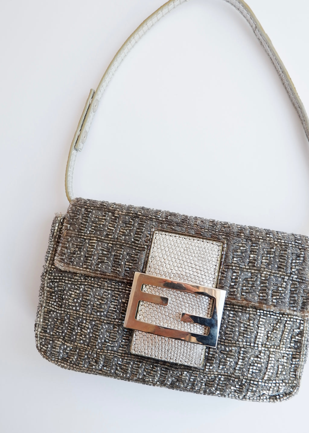 Authentic Preowned Vintage Fendi Silver FF Zucchino Beaded Small Baguette Shoulder Bag