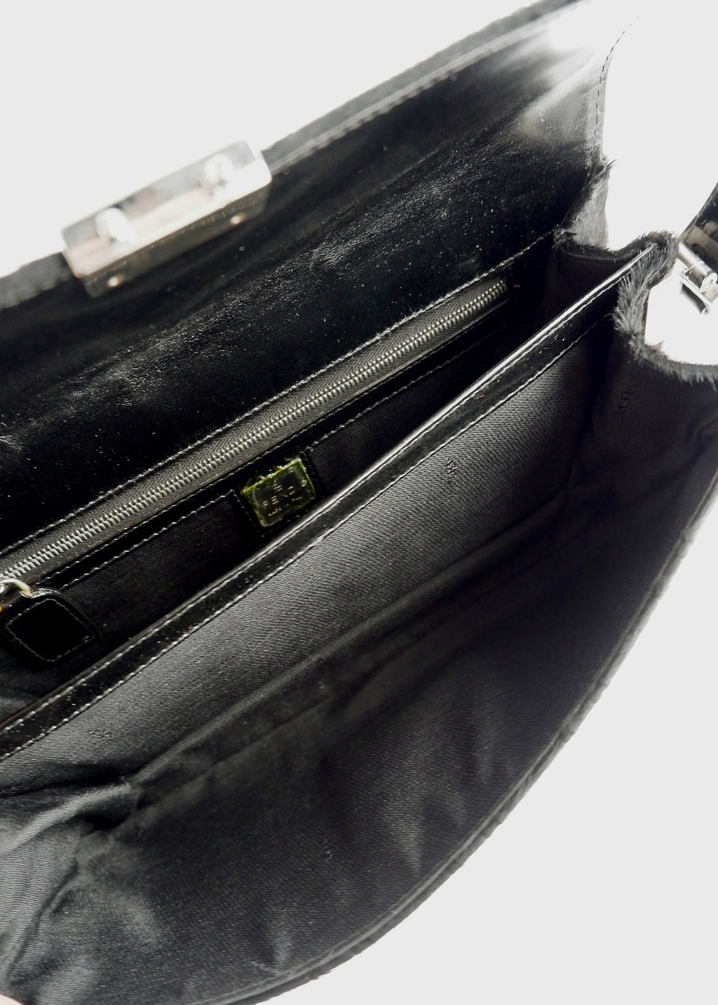 Authentic Preowned Rare Vintage Fendi Black Zucca Pony Hair/ Crystal Logo Shoulder Bag
