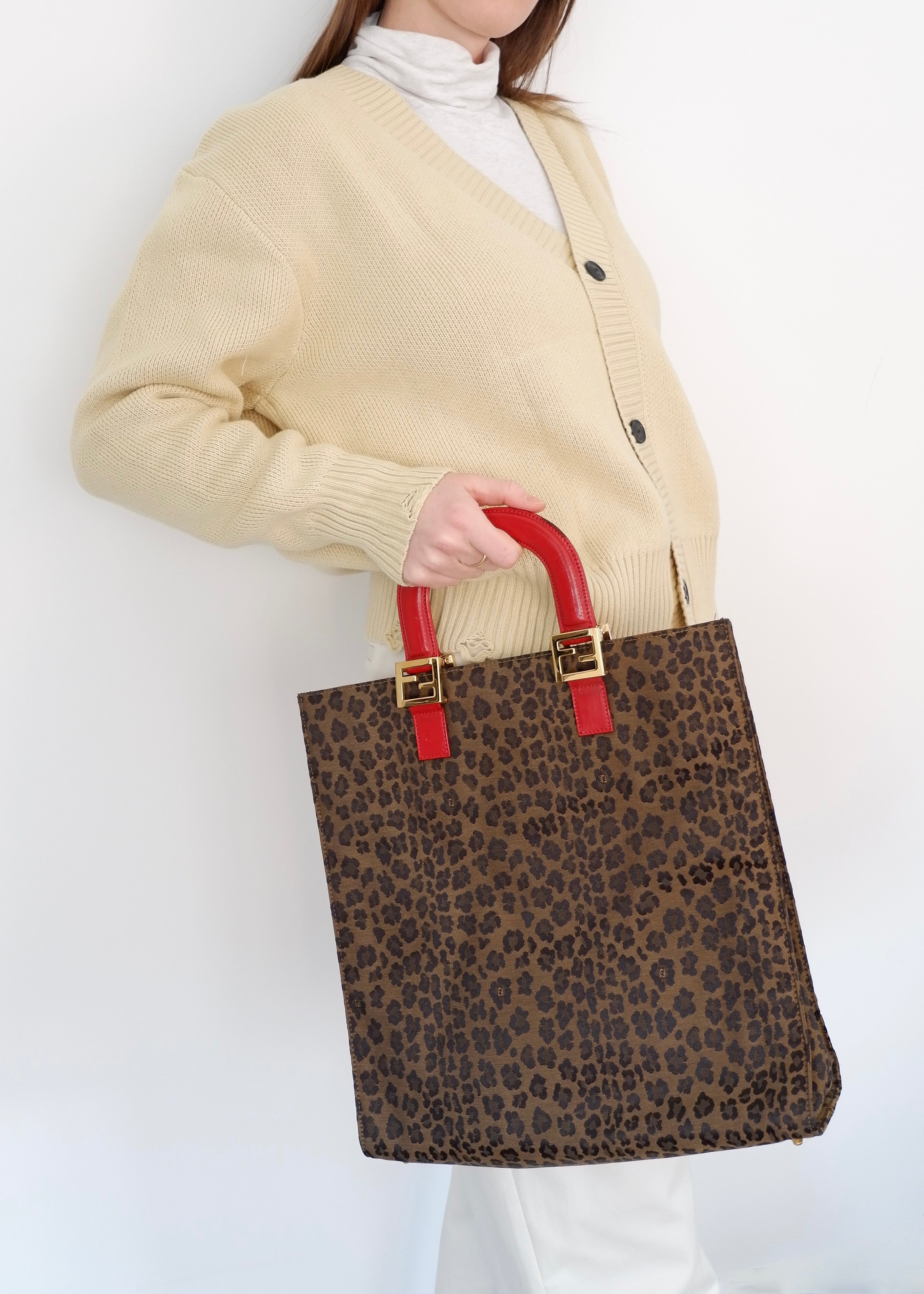 Authentique sac cabas Fendi vintage d'occasion en toile/cuir imprimé animal avec poignée supérieure
