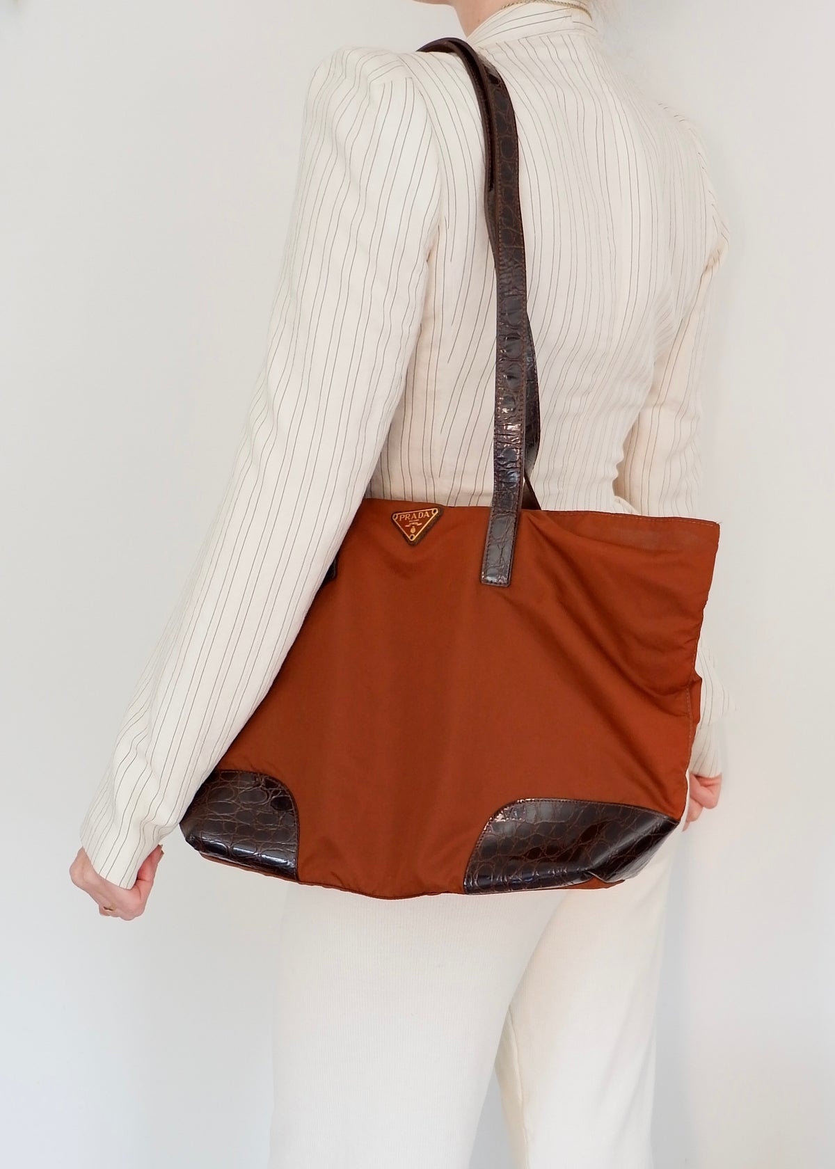 Preowned Prada Brown Nylon/ Patent Croc Long Strap Tote Bag