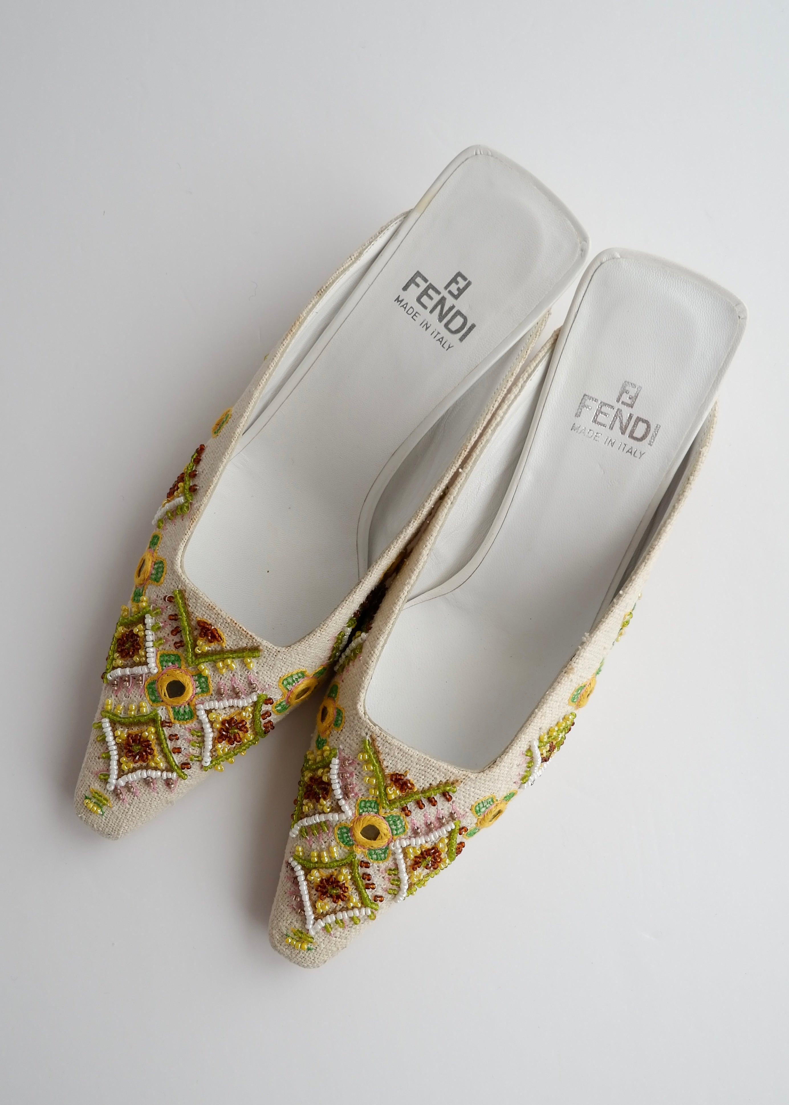 Authentic Preowned Vintage Fendi White/ Multi Color Beaded Heels - 37