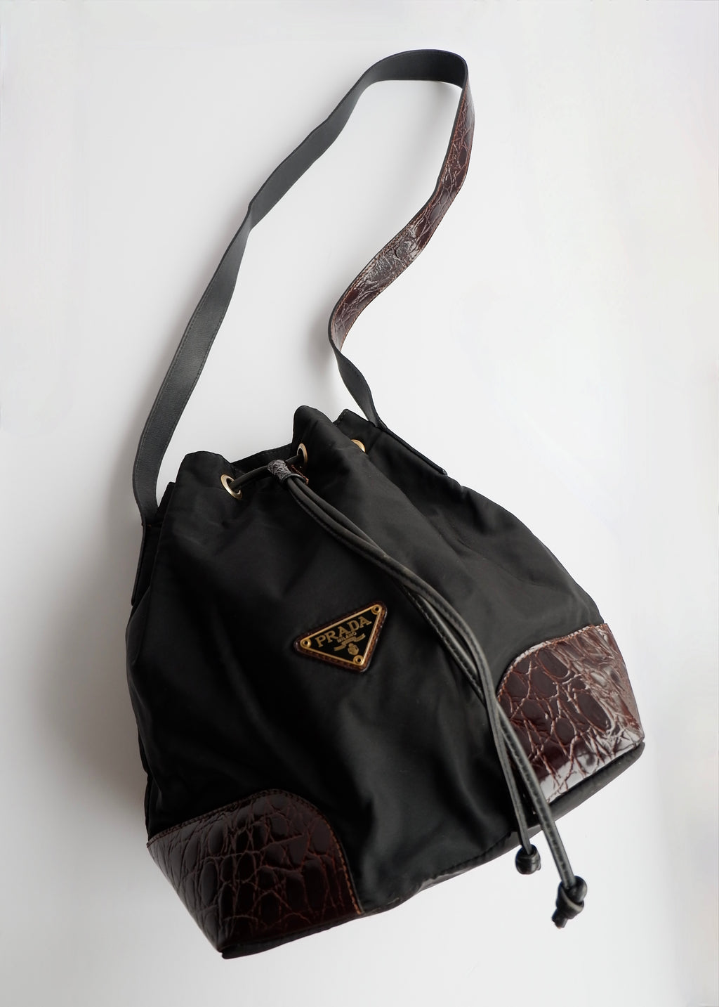 Authentic Preowned Prada Black/Brown Nylon/Leather Bucket Shoulder Bag