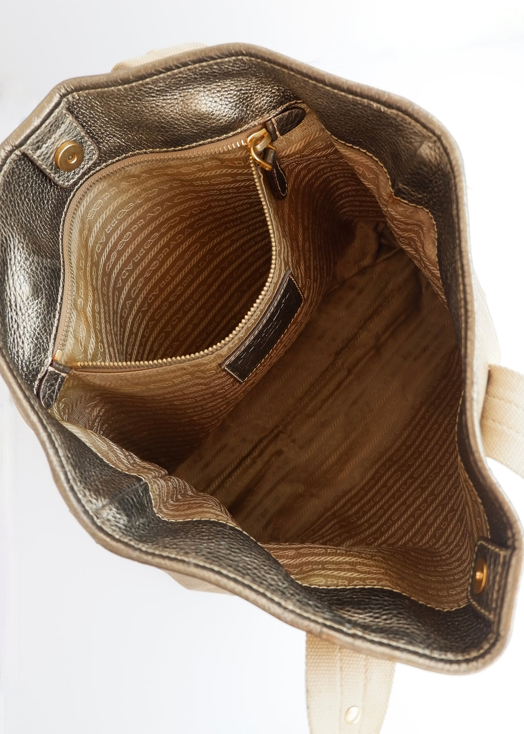 Authentique Sac à Main Prada Bicolore Beige/Doré en Toile et Cuir d'Occasion