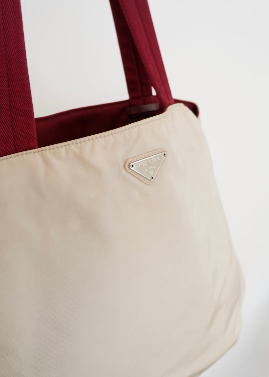 Authentic Preowned Prada Beige/ Burgundy Nylon Oversized Tote Bag