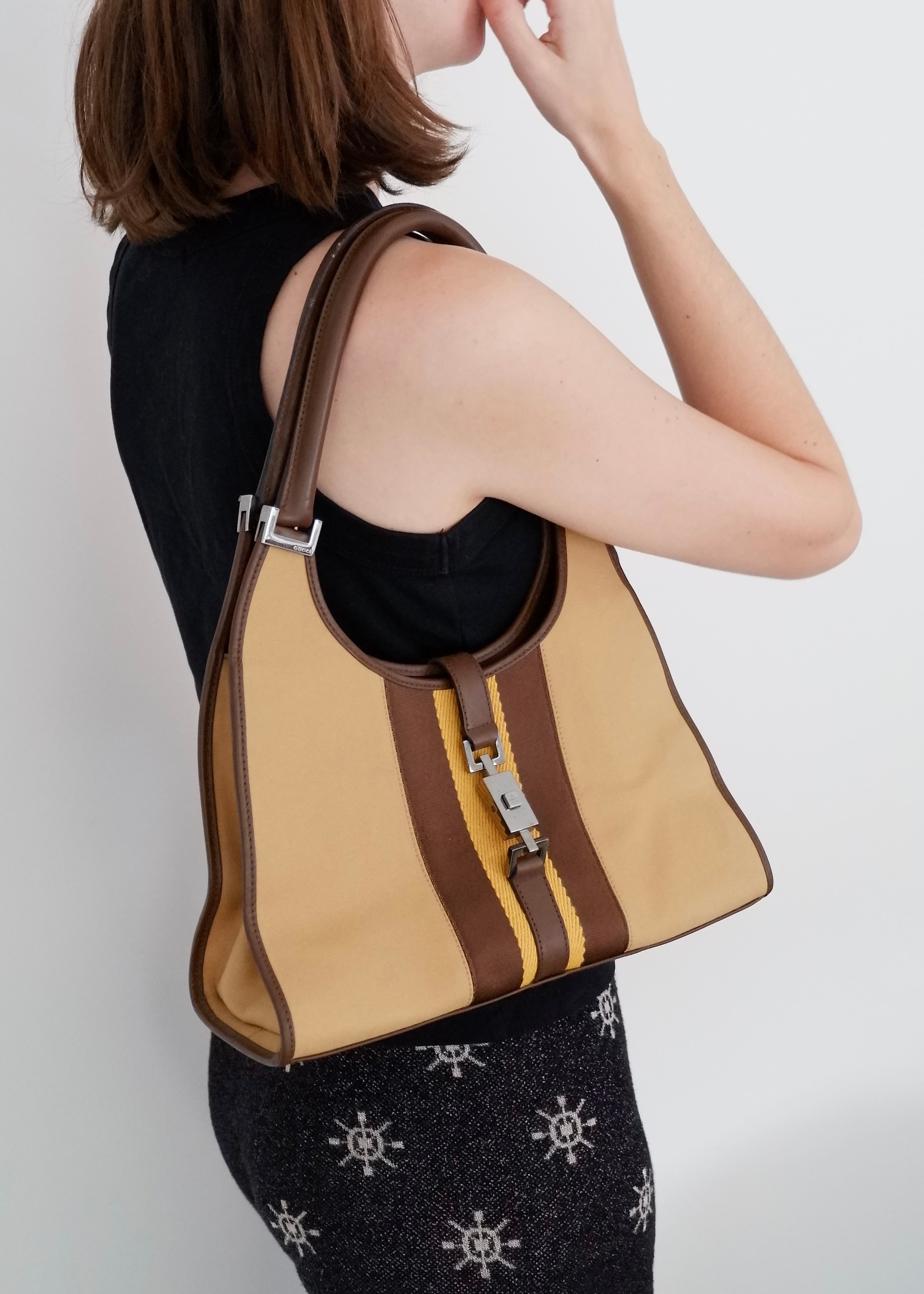 Sac Jackie Gucci authentique d'occasion en toile/cuir beige Ligne Sherry