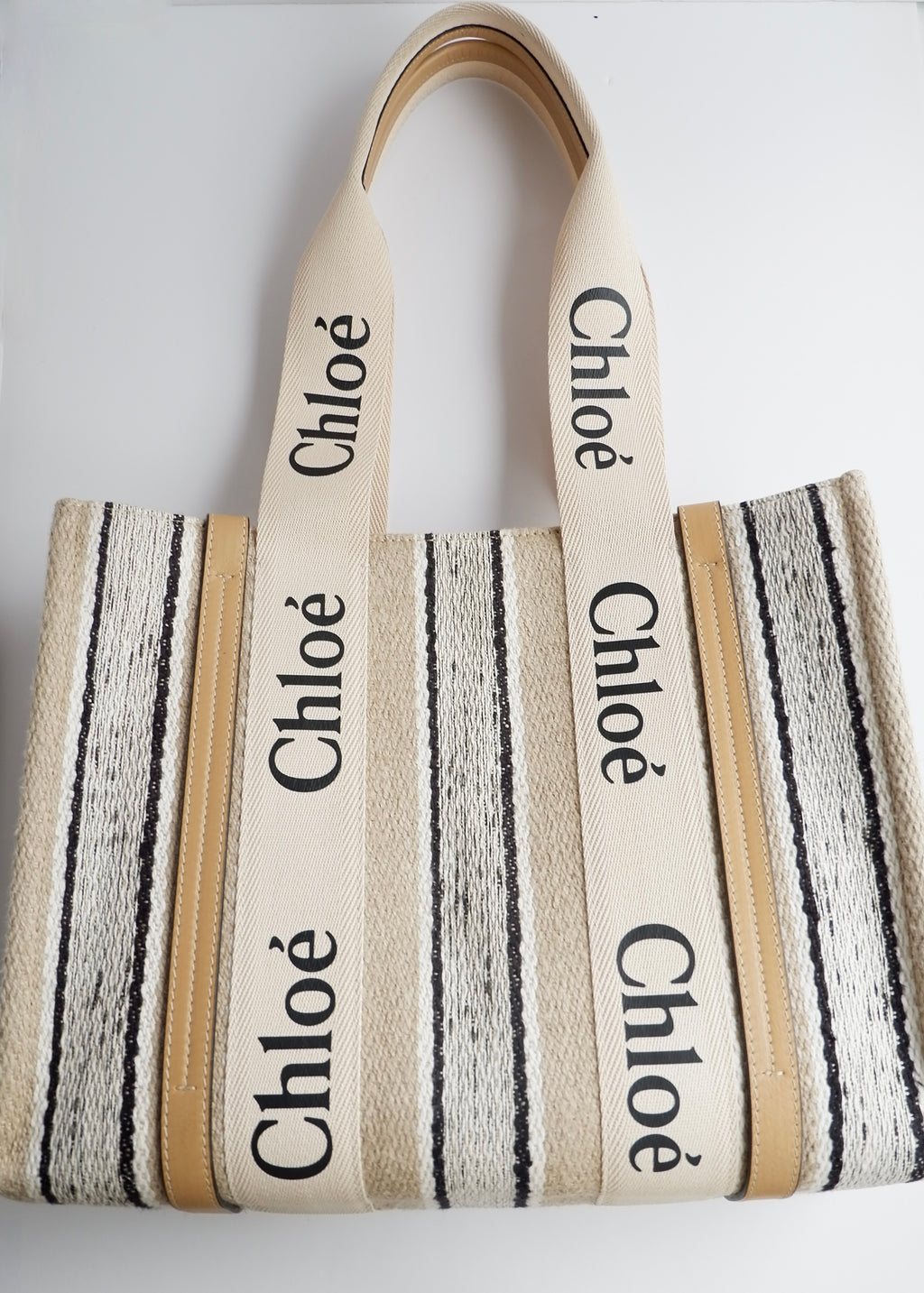 Authentic Preowned Chloe Beige/Black Striped Canvas Medium Woody Tote Bag