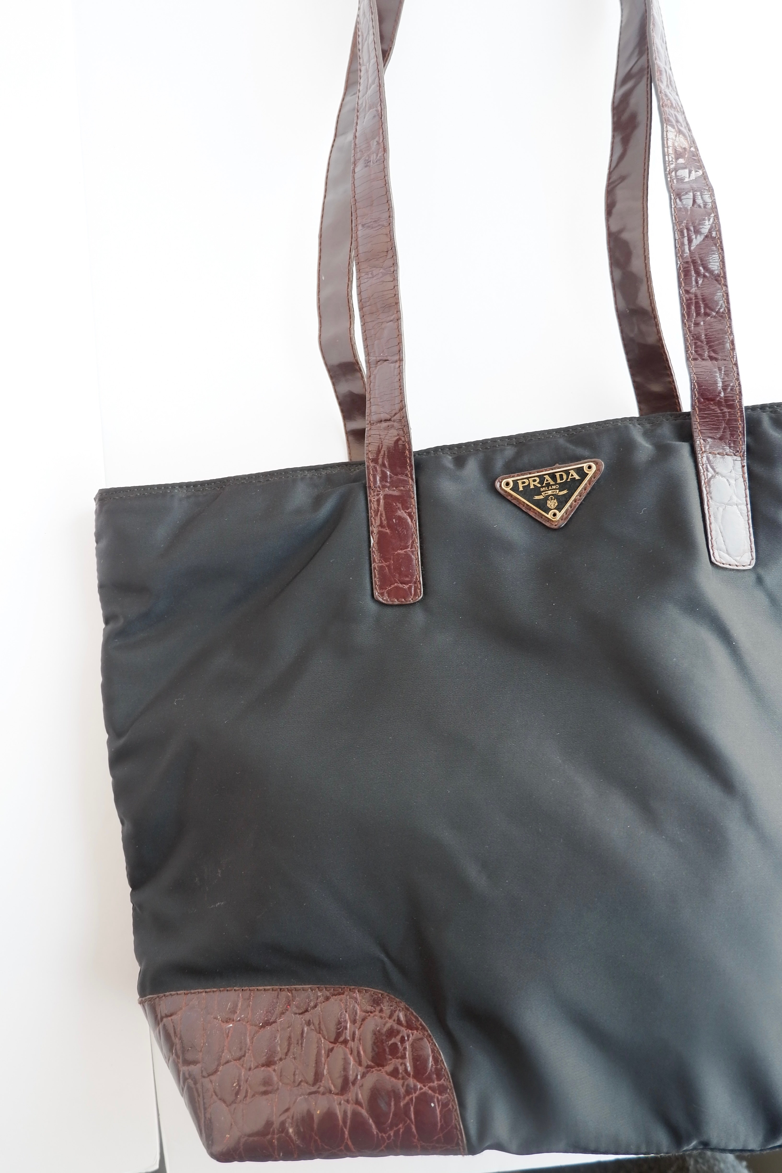 Authentic Preowned Prada Black/ Burgundy Nylon/Patent Leather Long Strap Tote Bag