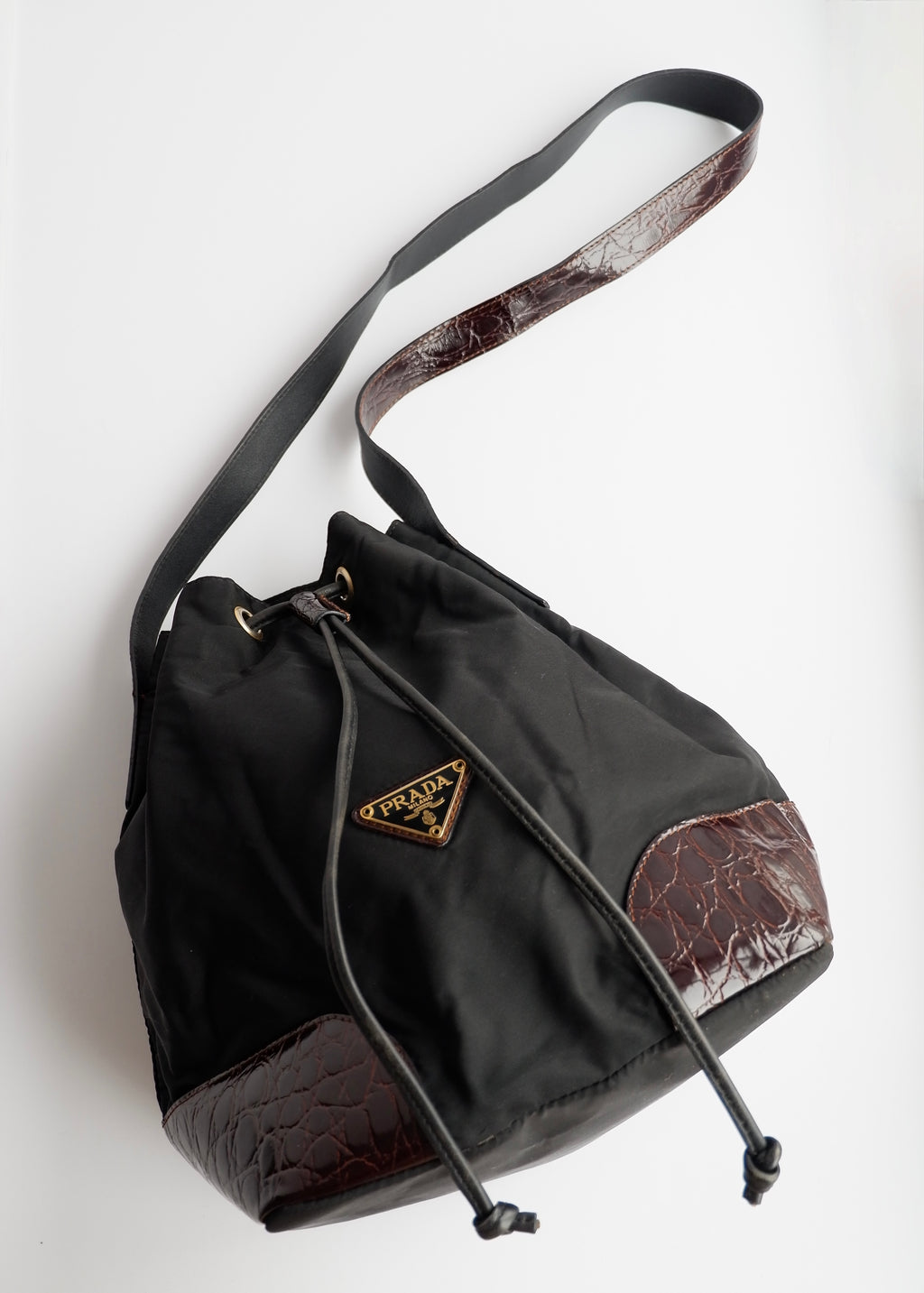 Authentic Preowned Prada Black/Brown Nylon/Leather Bucket Shoulder Bag