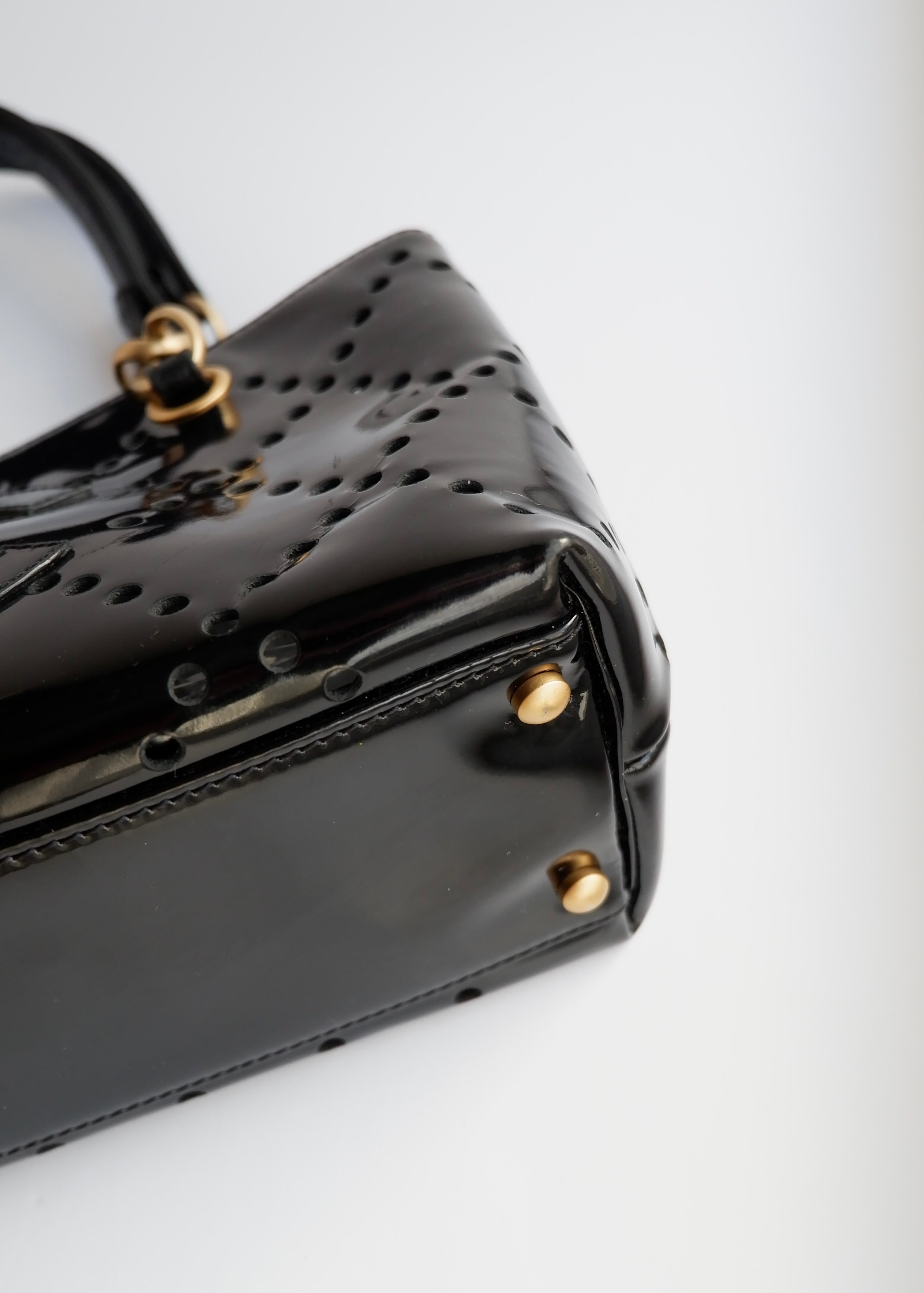 Authentic Preowned Chanel Black Patent Perforated Leather CC Logo Shoulder Bag