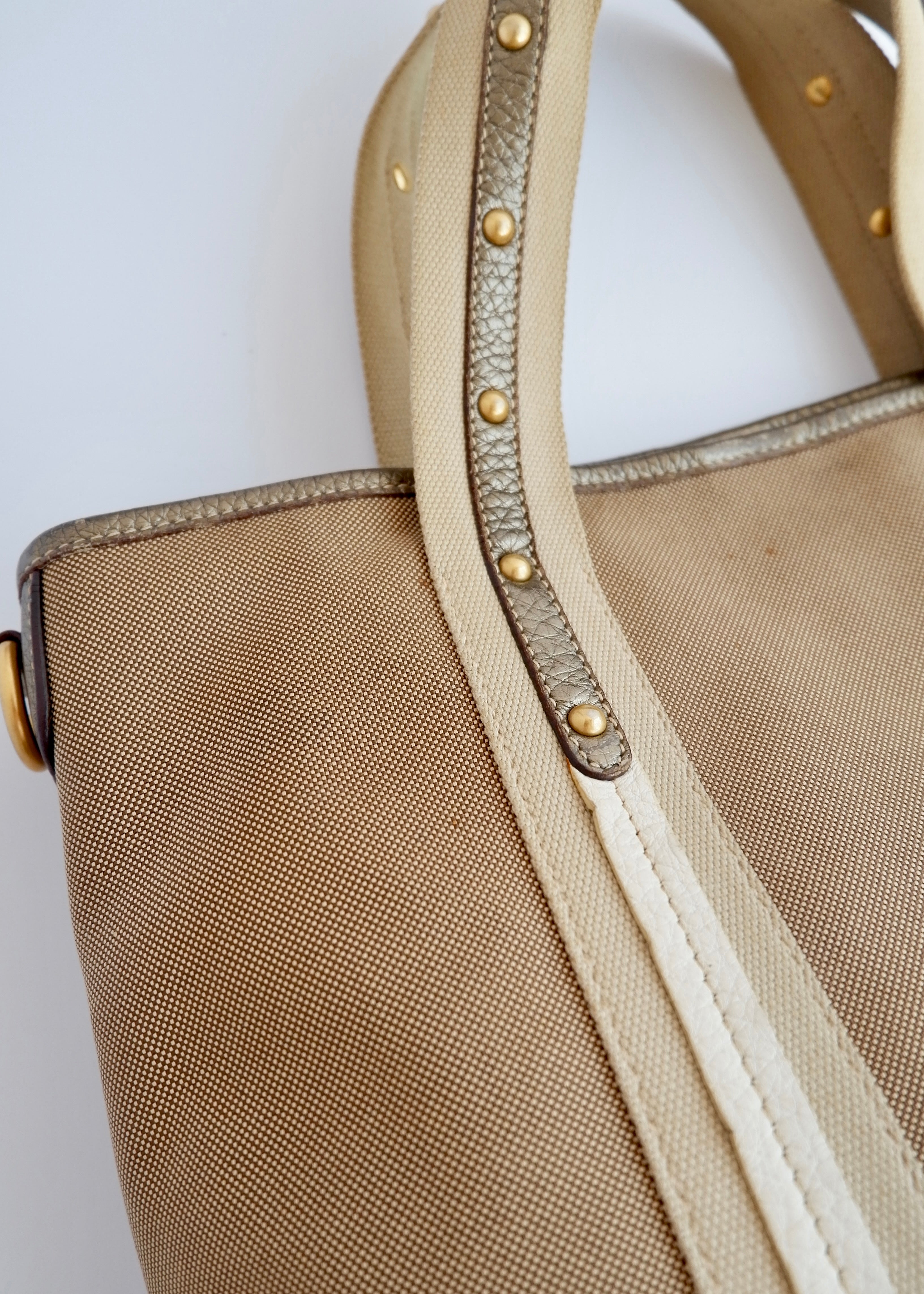 Authentique Sac à Main Prada Bicolore Beige/Doré en Toile et Cuir d'Occasion