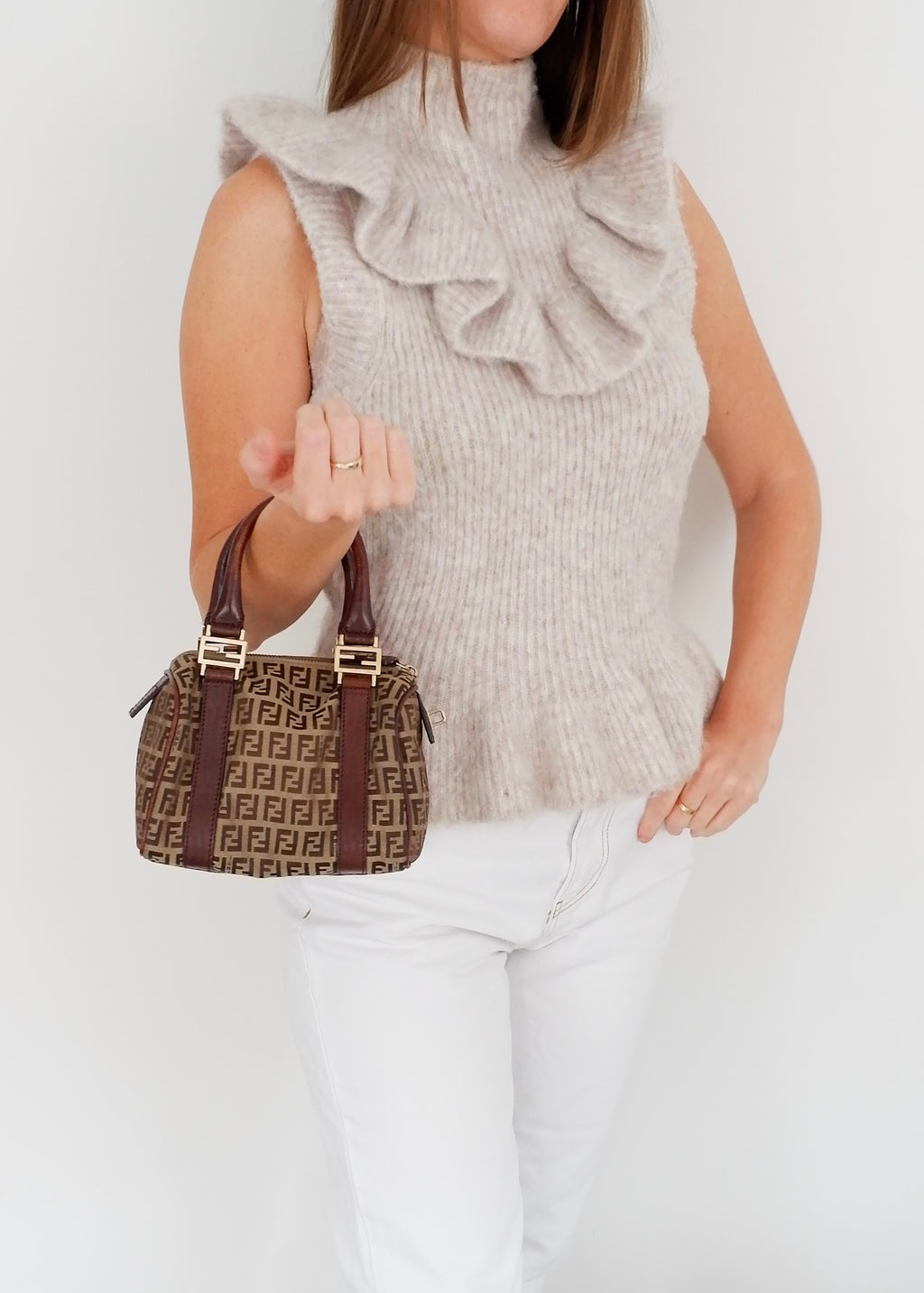 Authentique Sac Boston Fendi Zucchino Toile Marron Petit Forever Bauletto d'occasion