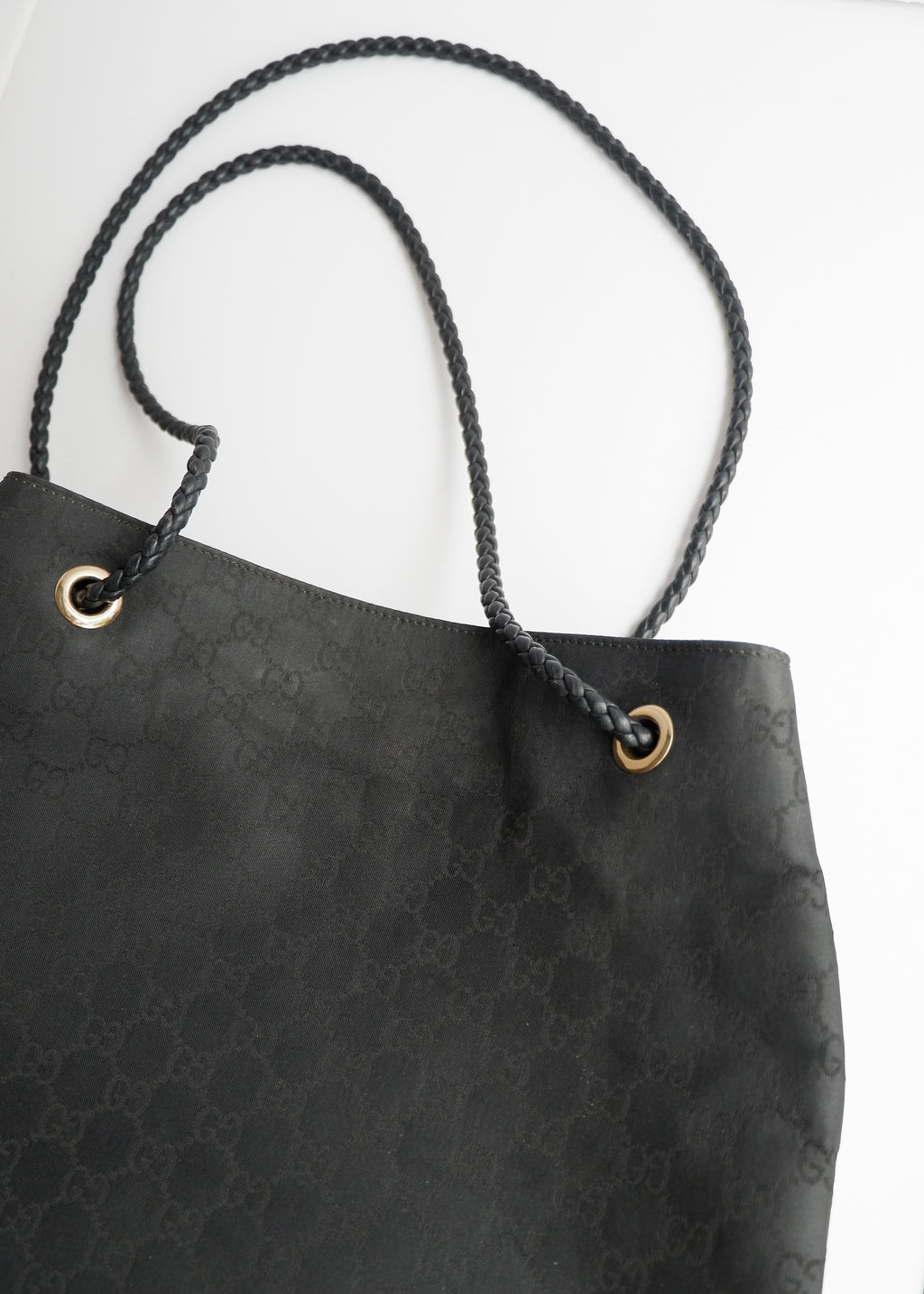Preowned Gucci Black GG Canvas Leather Woven Strap Shoulder Tote