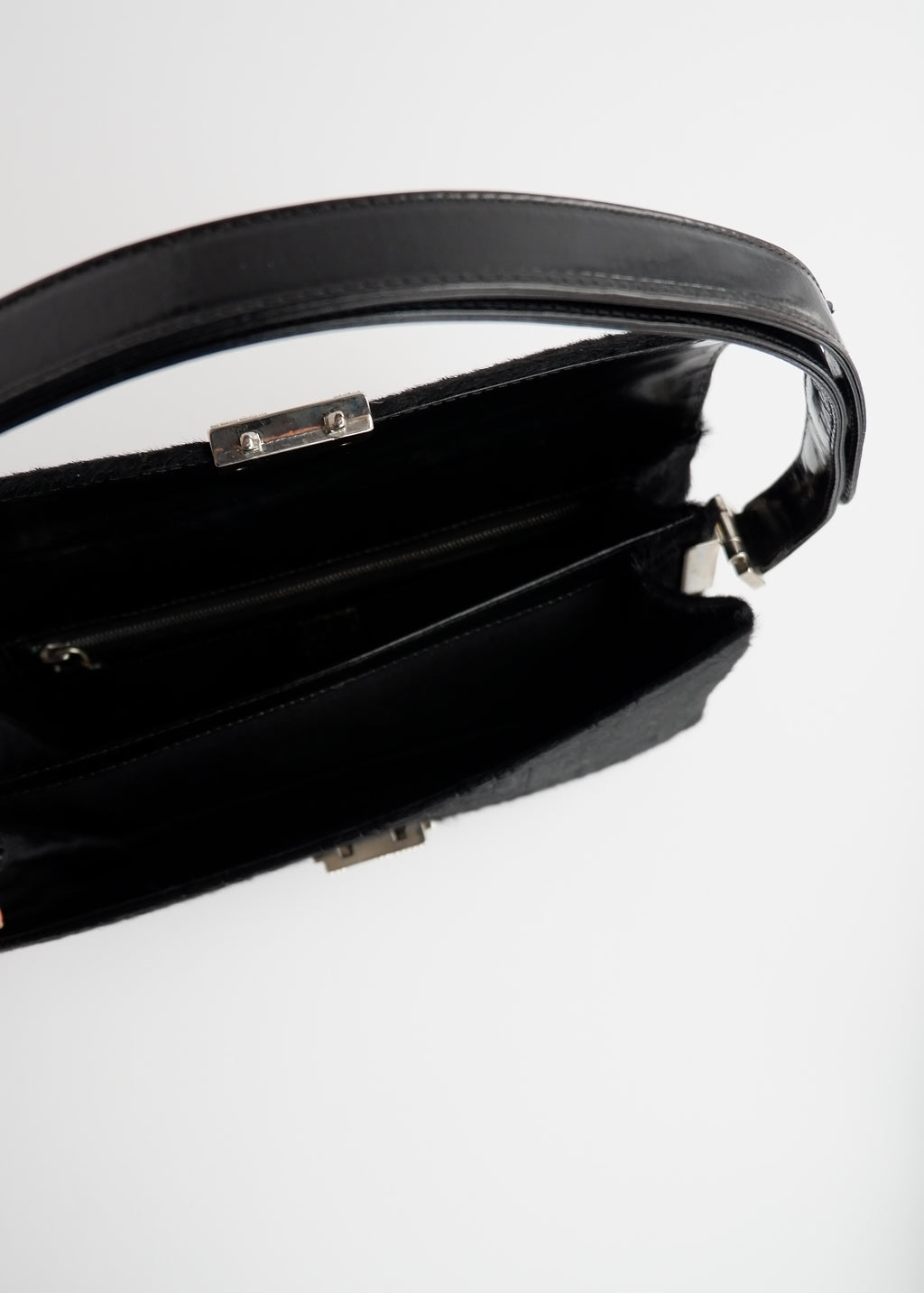 Authentic Preowned Rare Vintage Fendi Black Zucca Pony Hair/ Crystal Logo Shoulder Bag