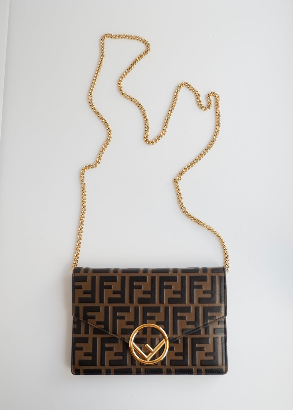 Preowned Fendi Brown Zucca Embossed Leather Wallet on Chain
