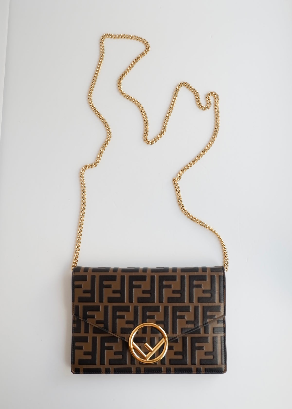 Preowned Fendi Brown Zucca Embossed Leather Wallet on Chain