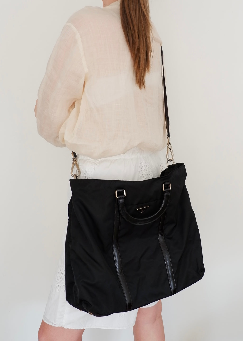 Preowned Prada Black Nylon/Leather Two Way Messenger Tote