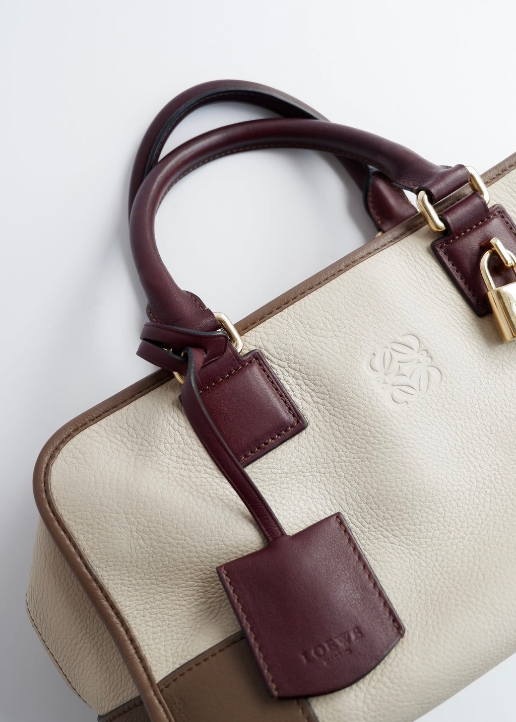 Authentic Preowned Loewe Tricolor (Beige/Brown/Burgundy) Leather Amazona 28 Handbag GHW